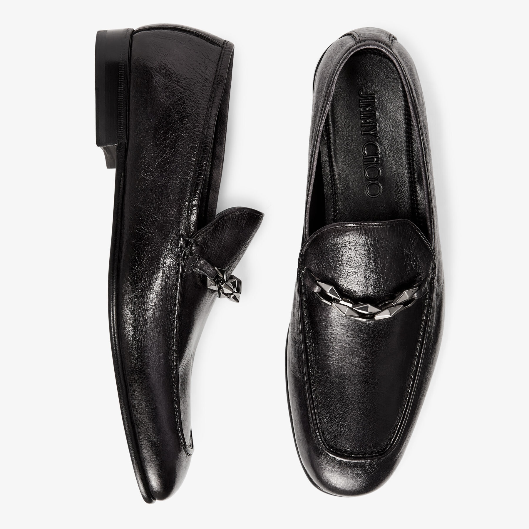 Marti Reverse
Black Buffalo Leather Loafers with Chain Embellishment - 4