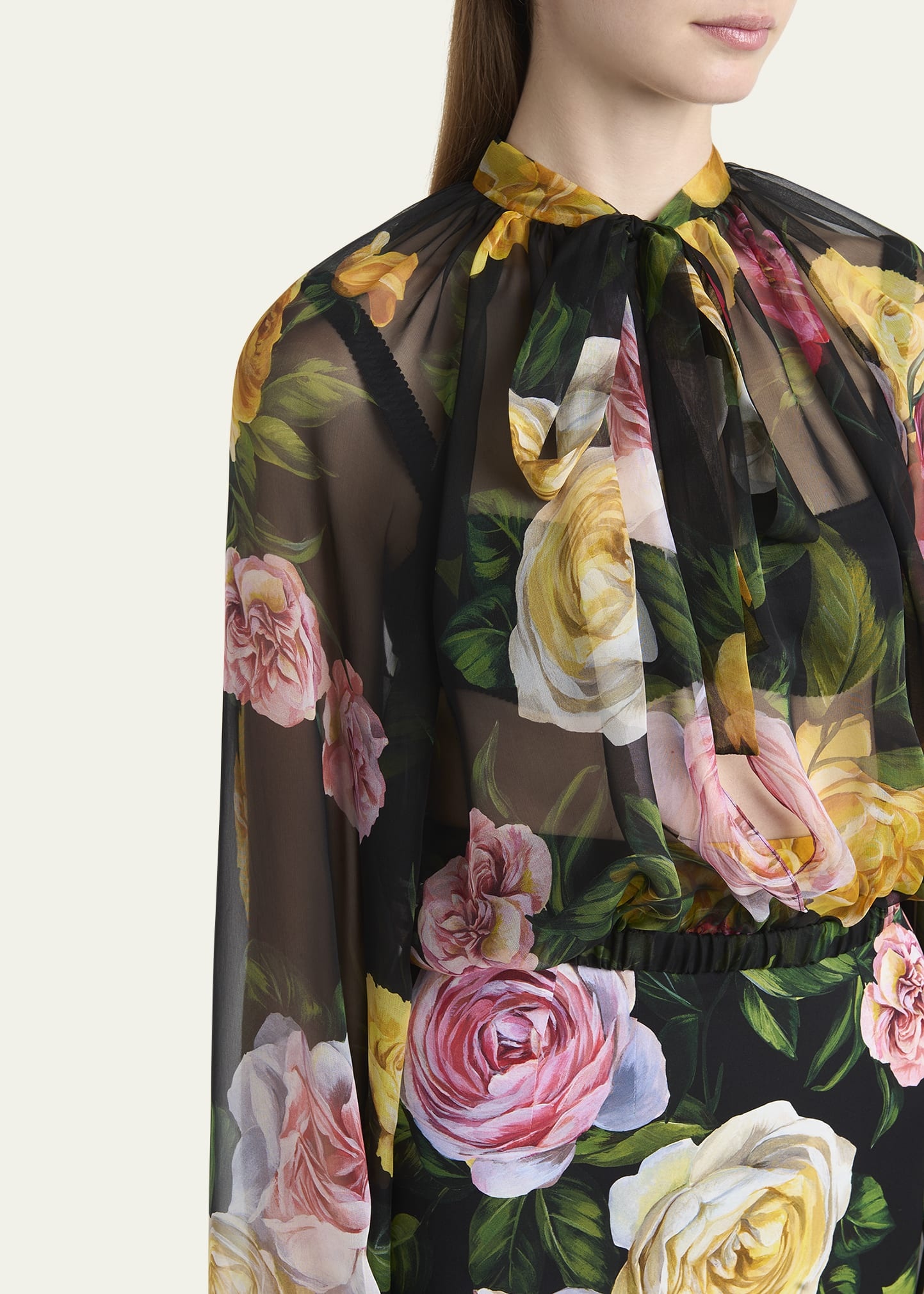 Rose Tie-Neck Chiffon Cropped Blouse - 5
