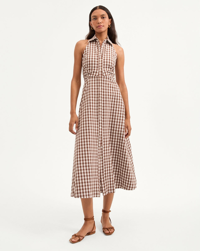 VERONICA BEARD MACKEY GINGHAM SEERSUCKER HALTER DRESS outlook