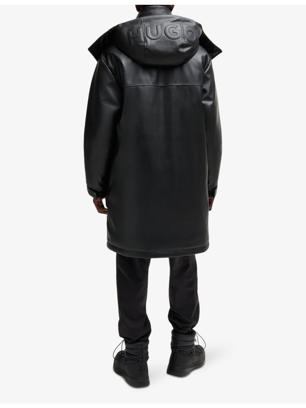 Embossed-logo longline faux leather-down jacket - 4