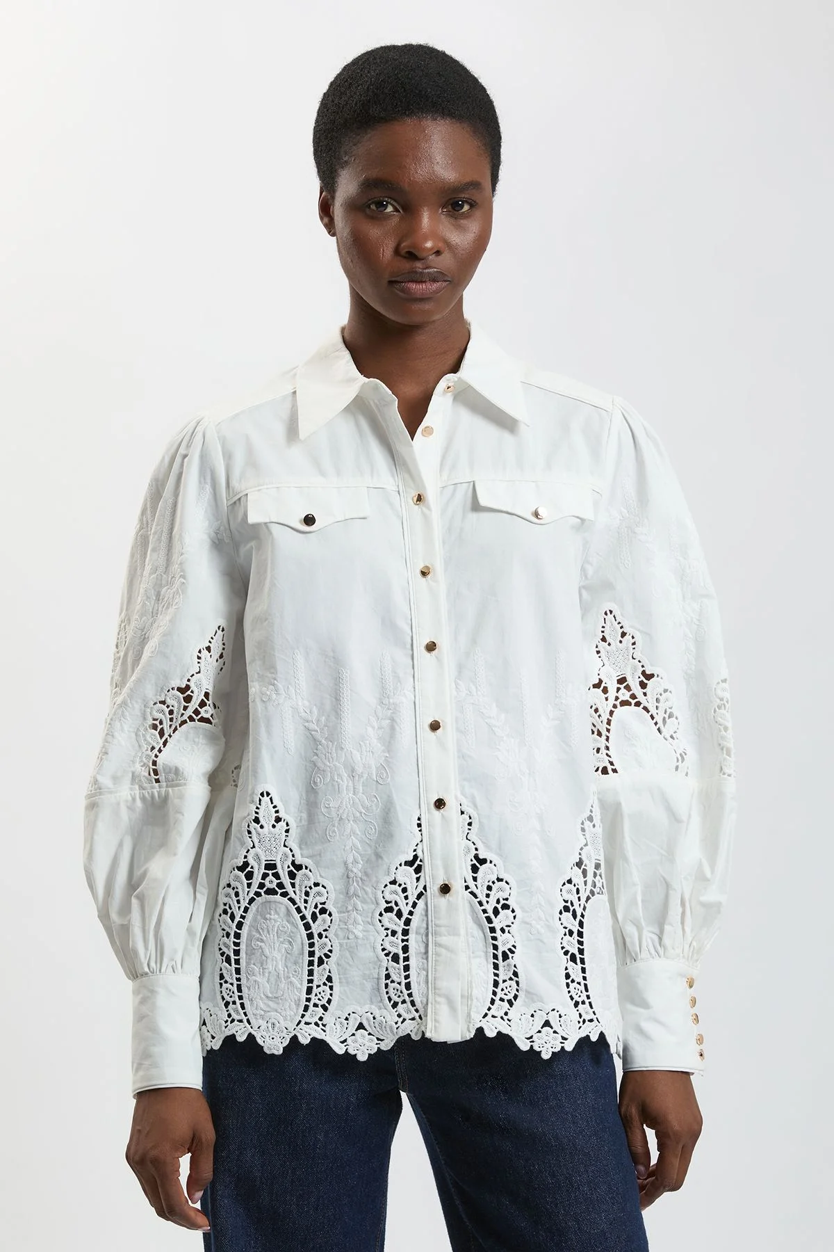 Petite Cotton Cutwork Balloon Sleeve Woven Shirt - 1
