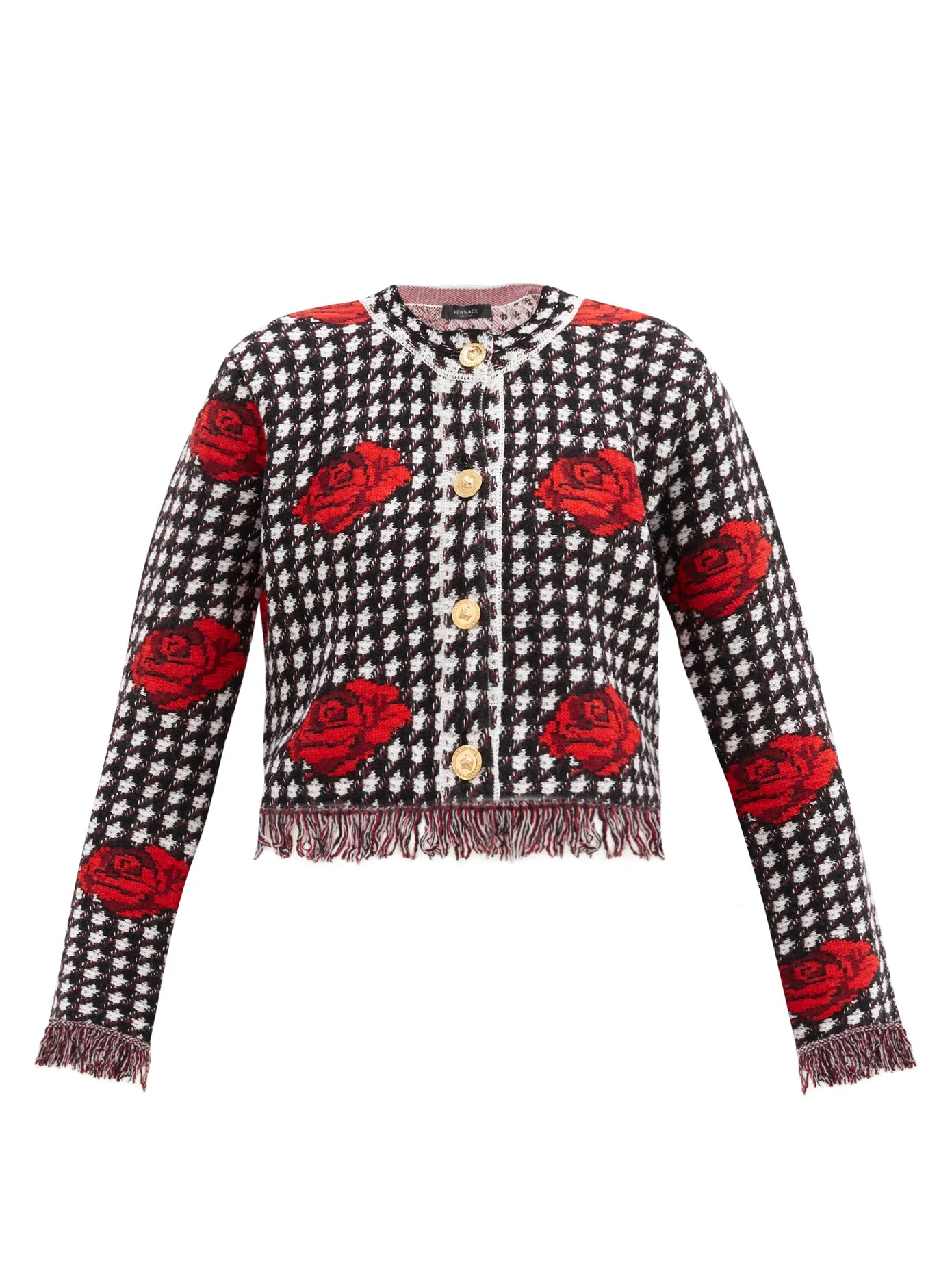 Rose-jacquard houndstooth wool cardigan - 1