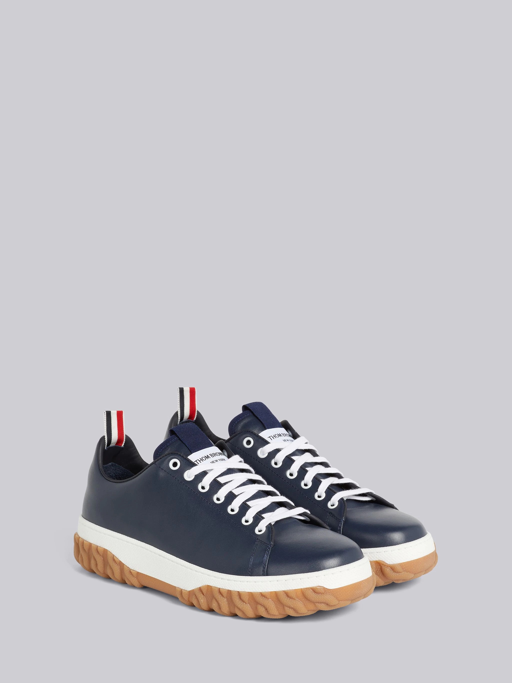 Navy Vitello Calf Leather Cable Knit Sole Court Sneaker - 3