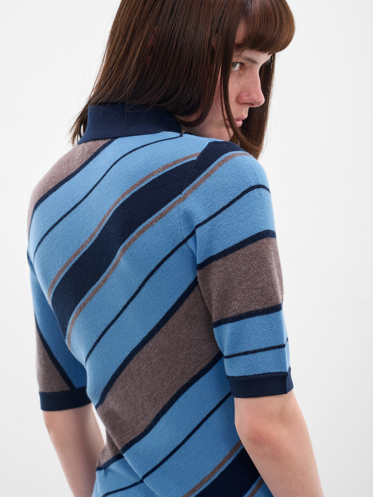 Blue Striped Knit Polo Shirt - 5