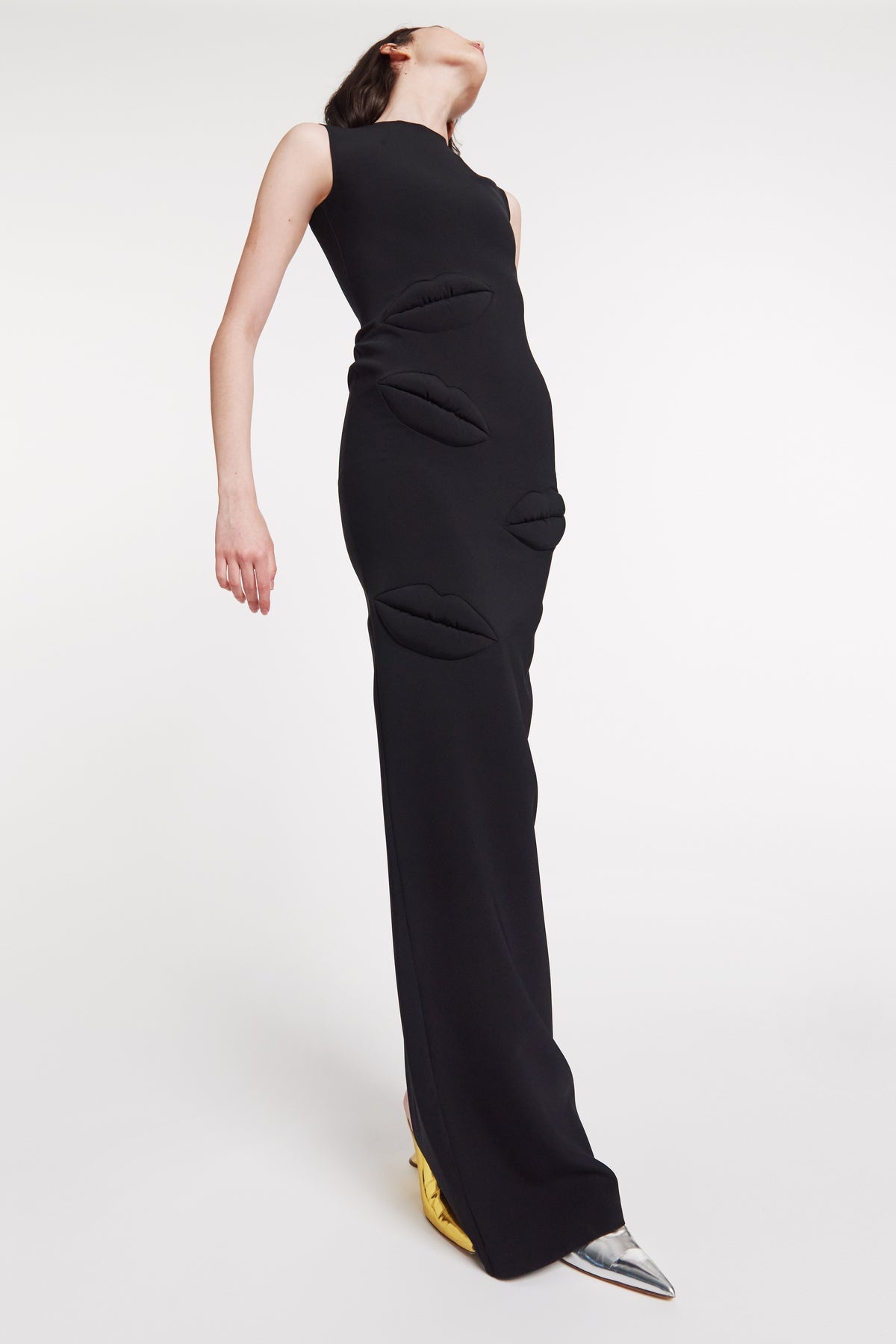 FITTED MAXI DRESS WITH MULTI LIP APPLIQUÉ BLACK - 3