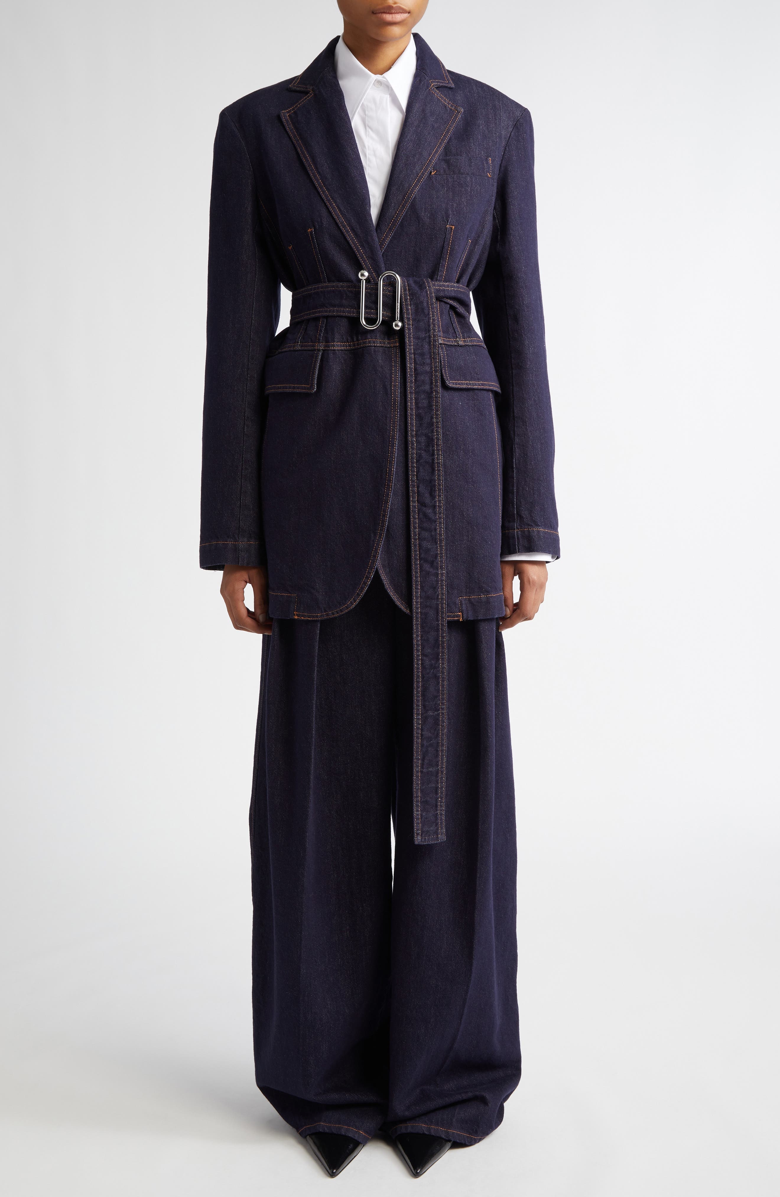 SPORTMAX Domino Monogram Buckle Belted Denim Jacket in Navy at Nordstrom - 2