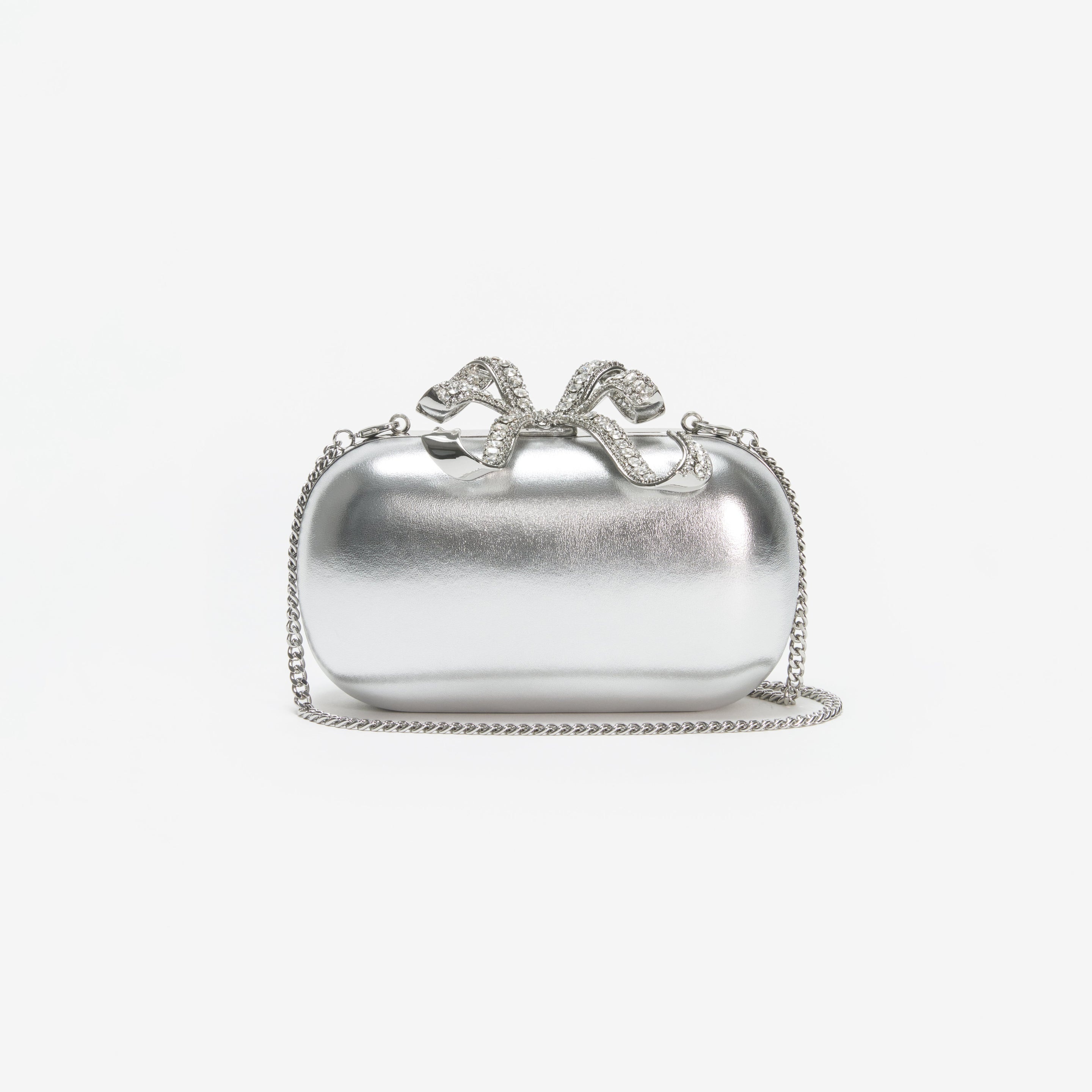 Silver Metallic Leather Bow Clutch - 4