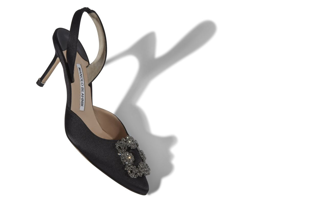 Black Satin Jewel Buckle Slingback Pumps - 2