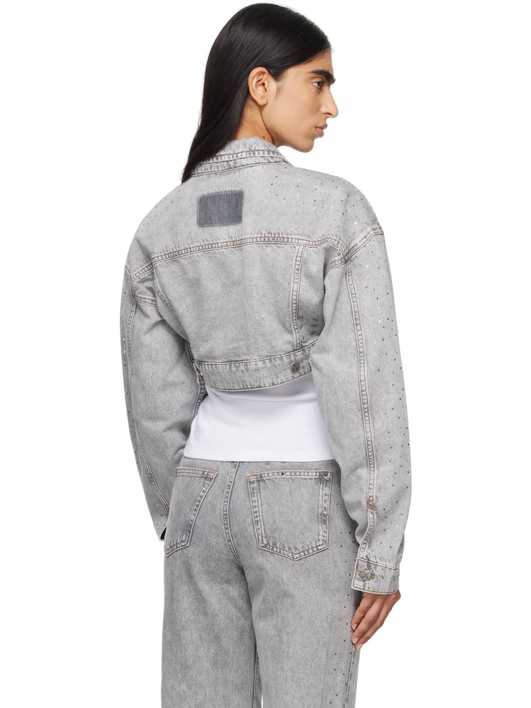 Gray Supercrop Trucker Dime Krystal Denim Jacket - 3