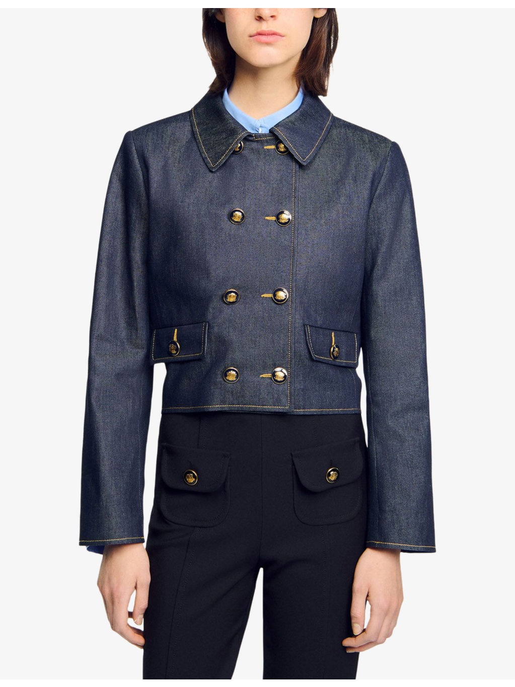Flap-Pocket Double-Breasted Denim Jacket - 3