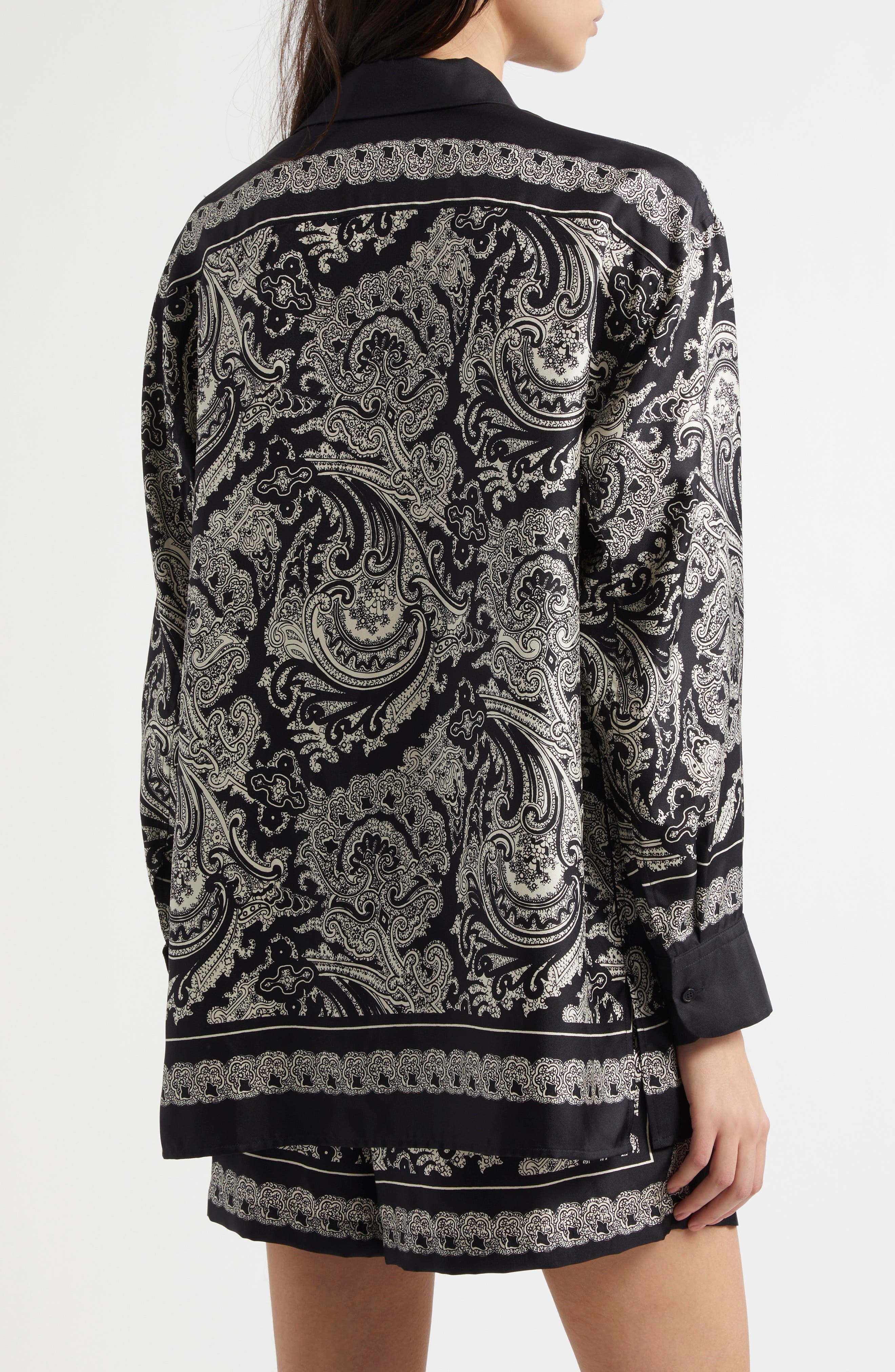 Nili Lotan Alfie Print Silk Shirt in Black/Ivory Paisley Scarf at Nordstrom - 3