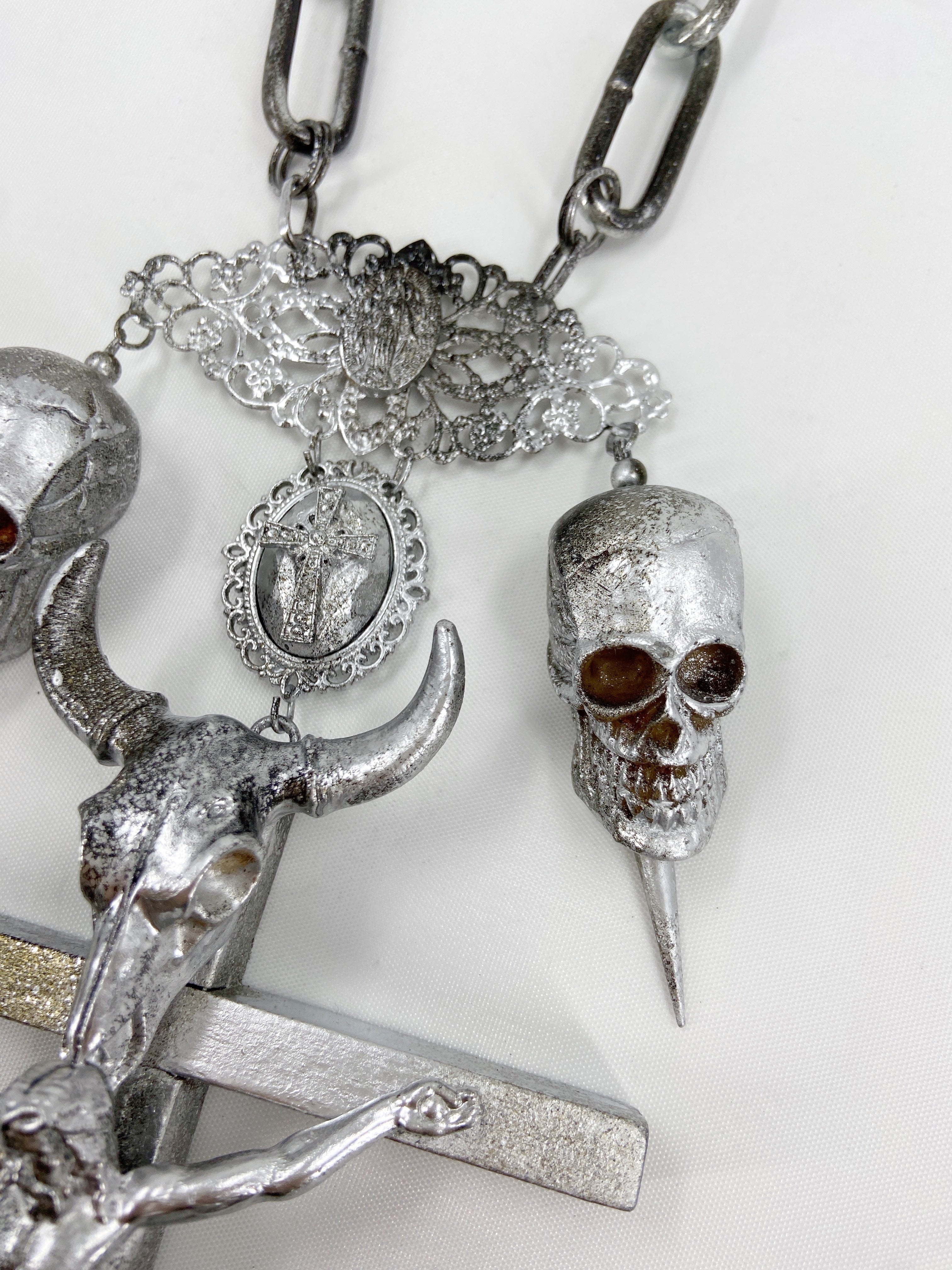 Jean Paul Gaultier 90S Sample 1/1 XXL Silver Crucifix Cross Bull Skull Spiked Chain Necklace - 10
