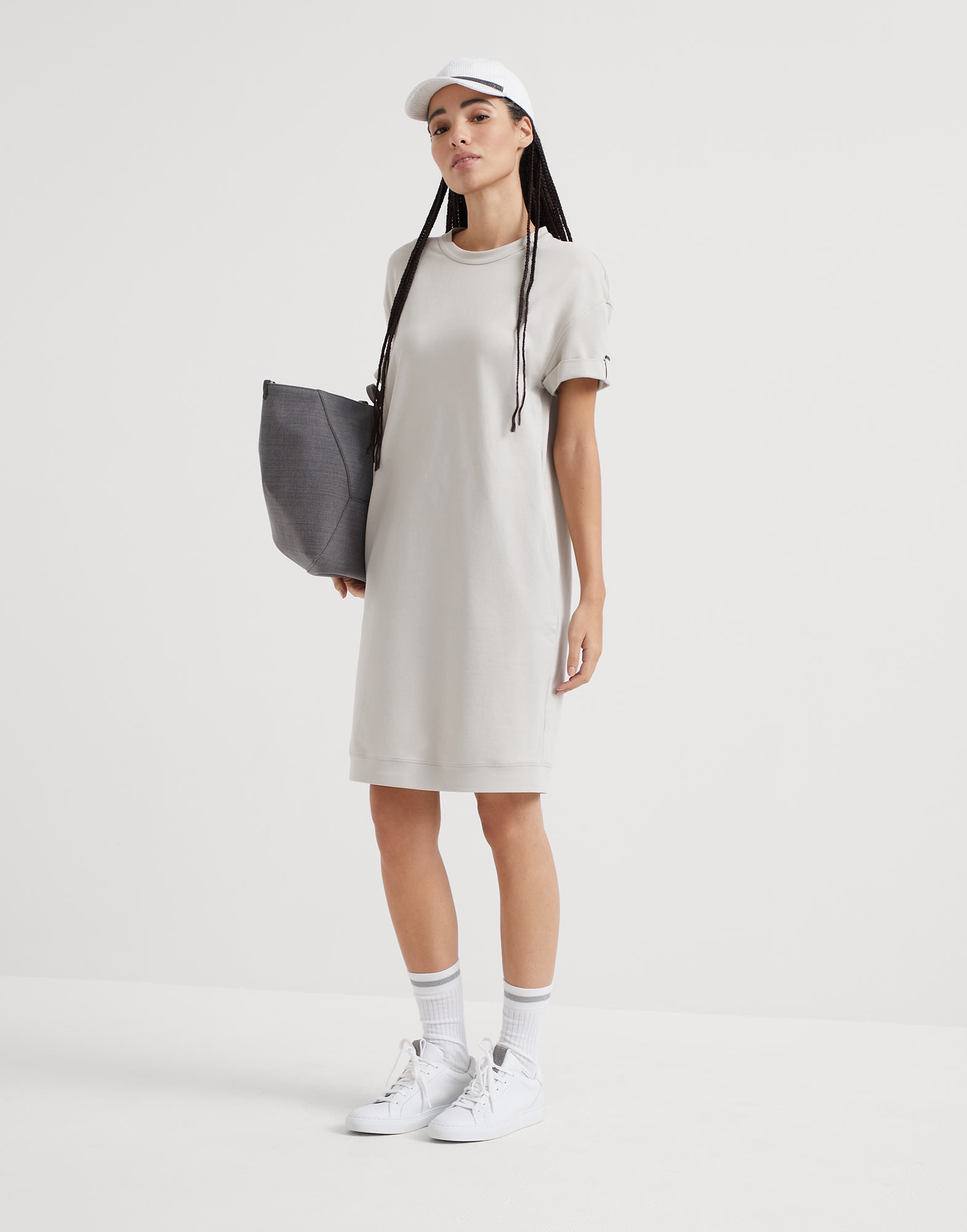 Stretch cotton lightweight French terry dress with shiny cuff detail - 5