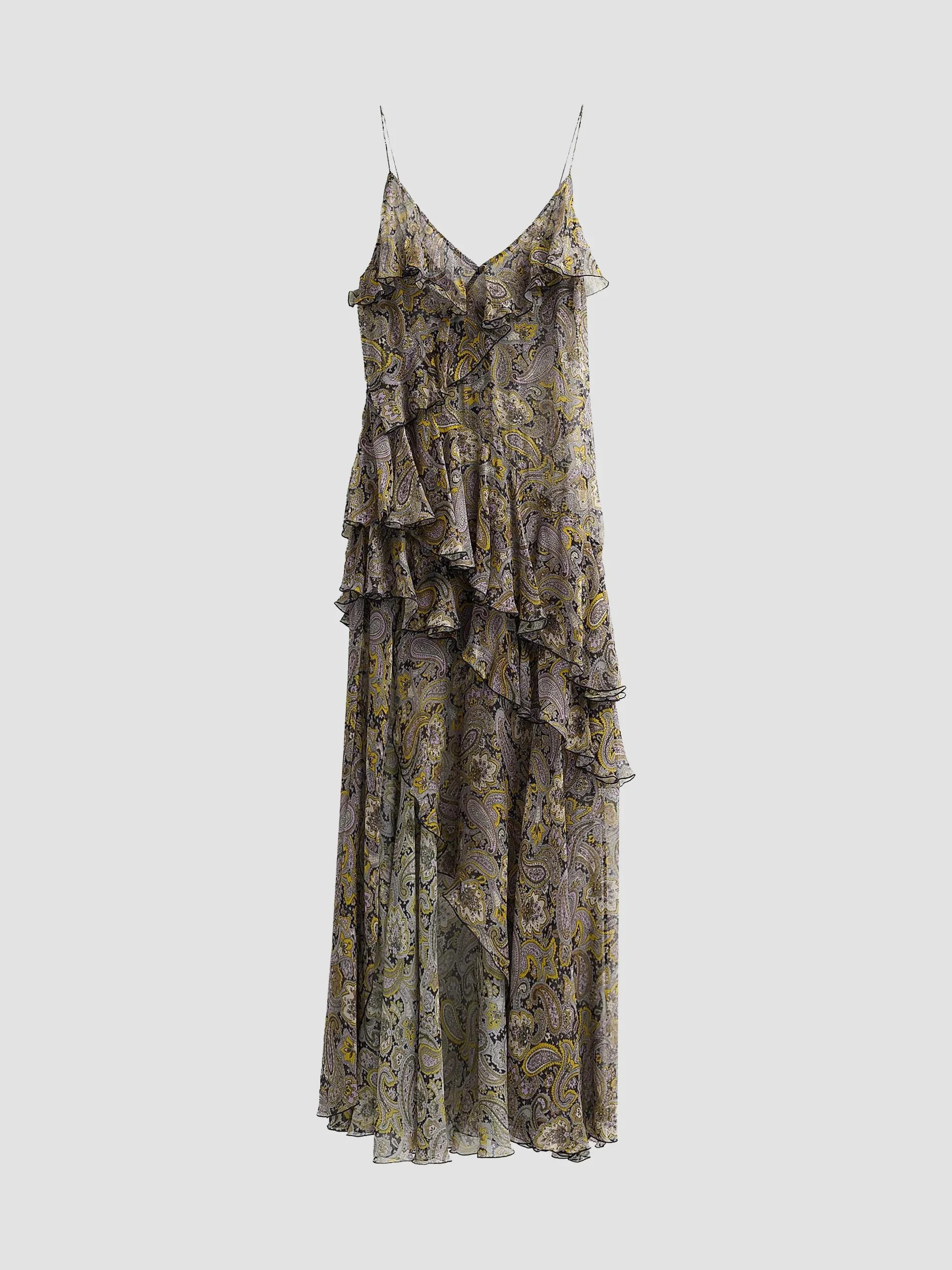 Women's Alva Paisley Ruffle Slit Maxi Dress - Black Gold Multi - 1