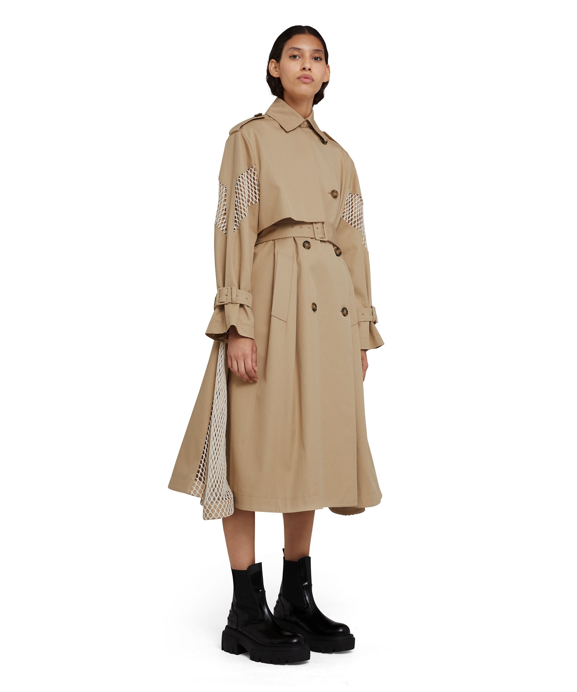 Double-breasted gabardine trench coat with mesh details - 1