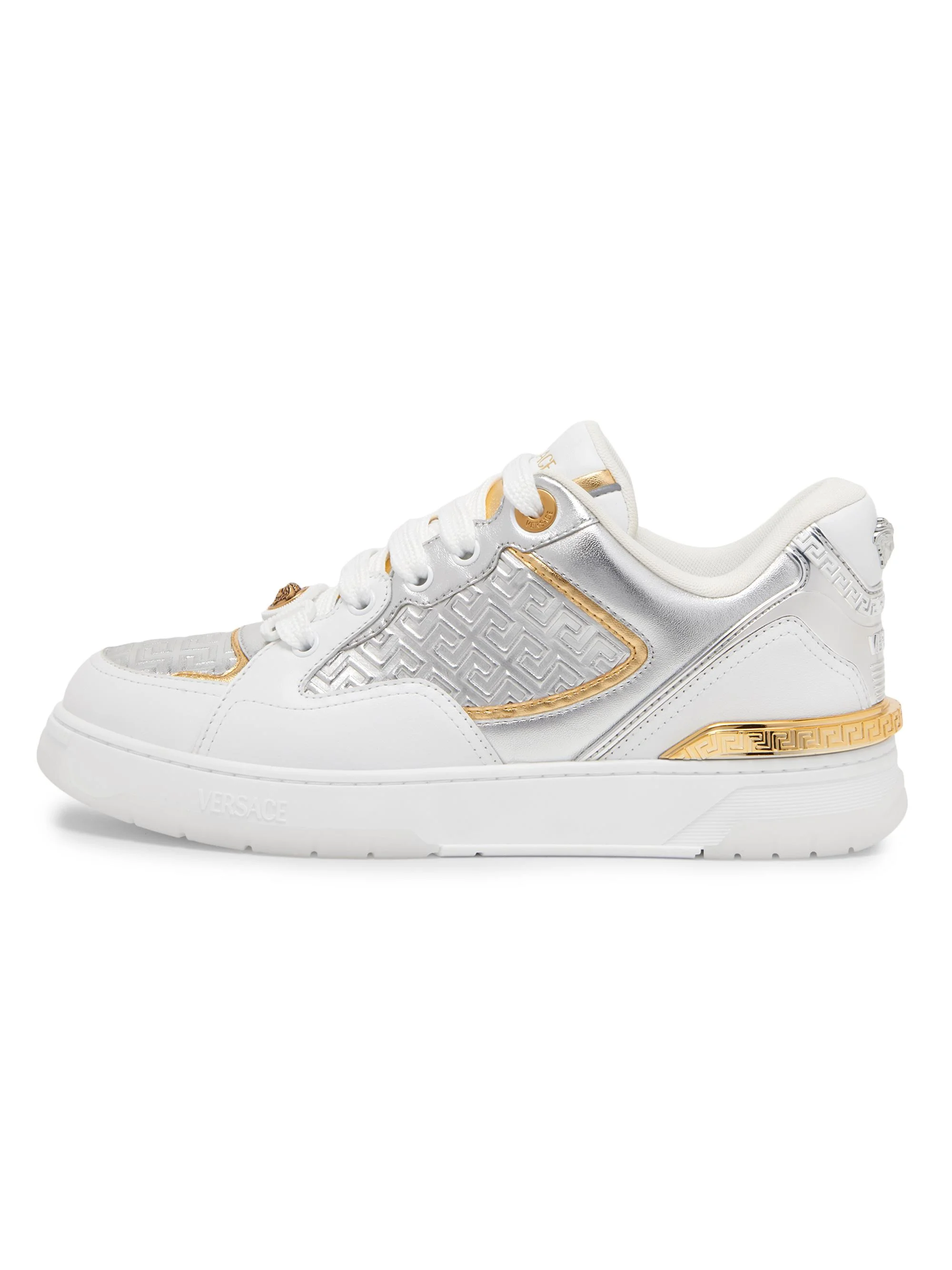 Men's Laminated Leather Sneakers - White Silver - 1