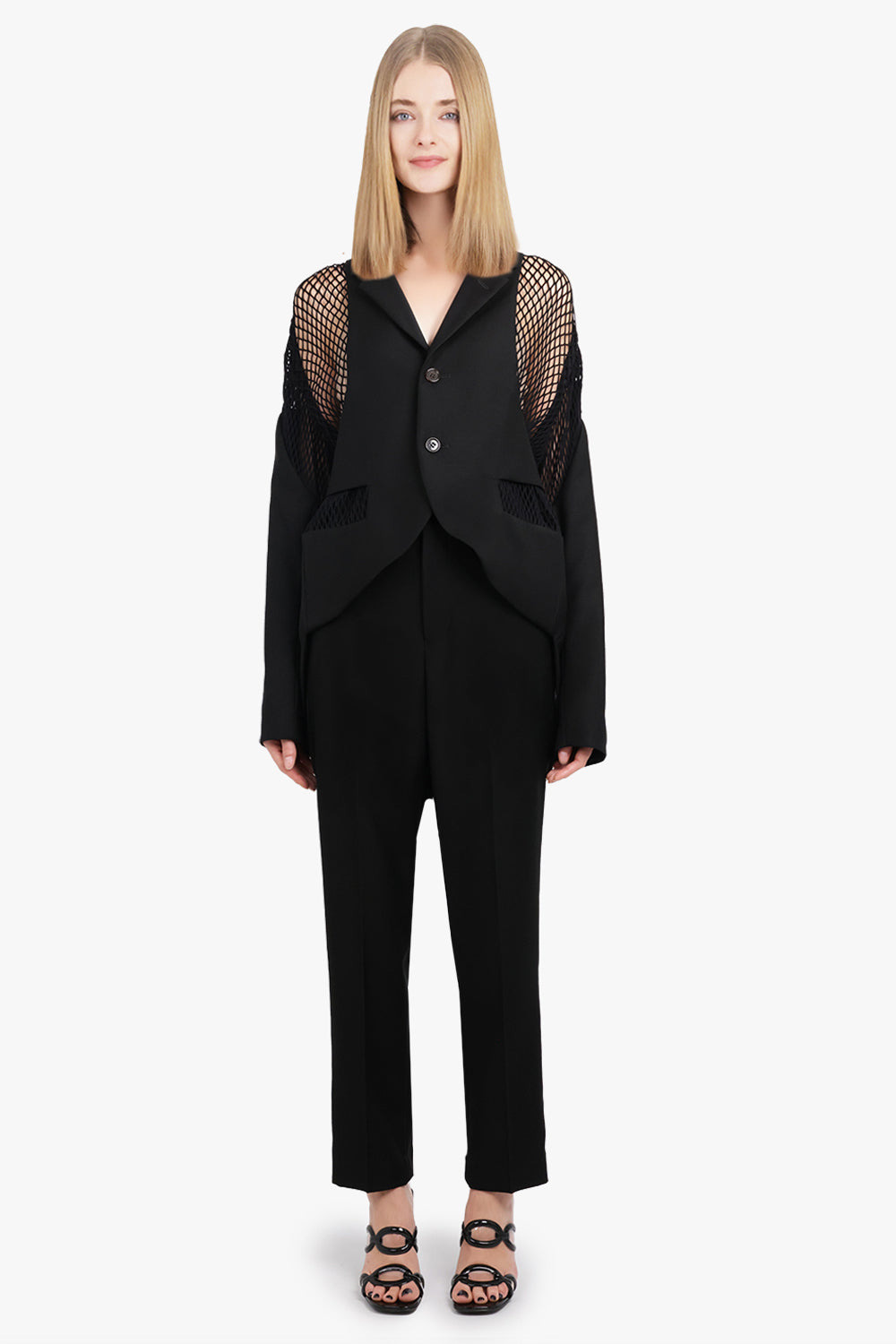 MESH PANEL SINGLE BREASTED WOOL BLAZER | BLACK - 3