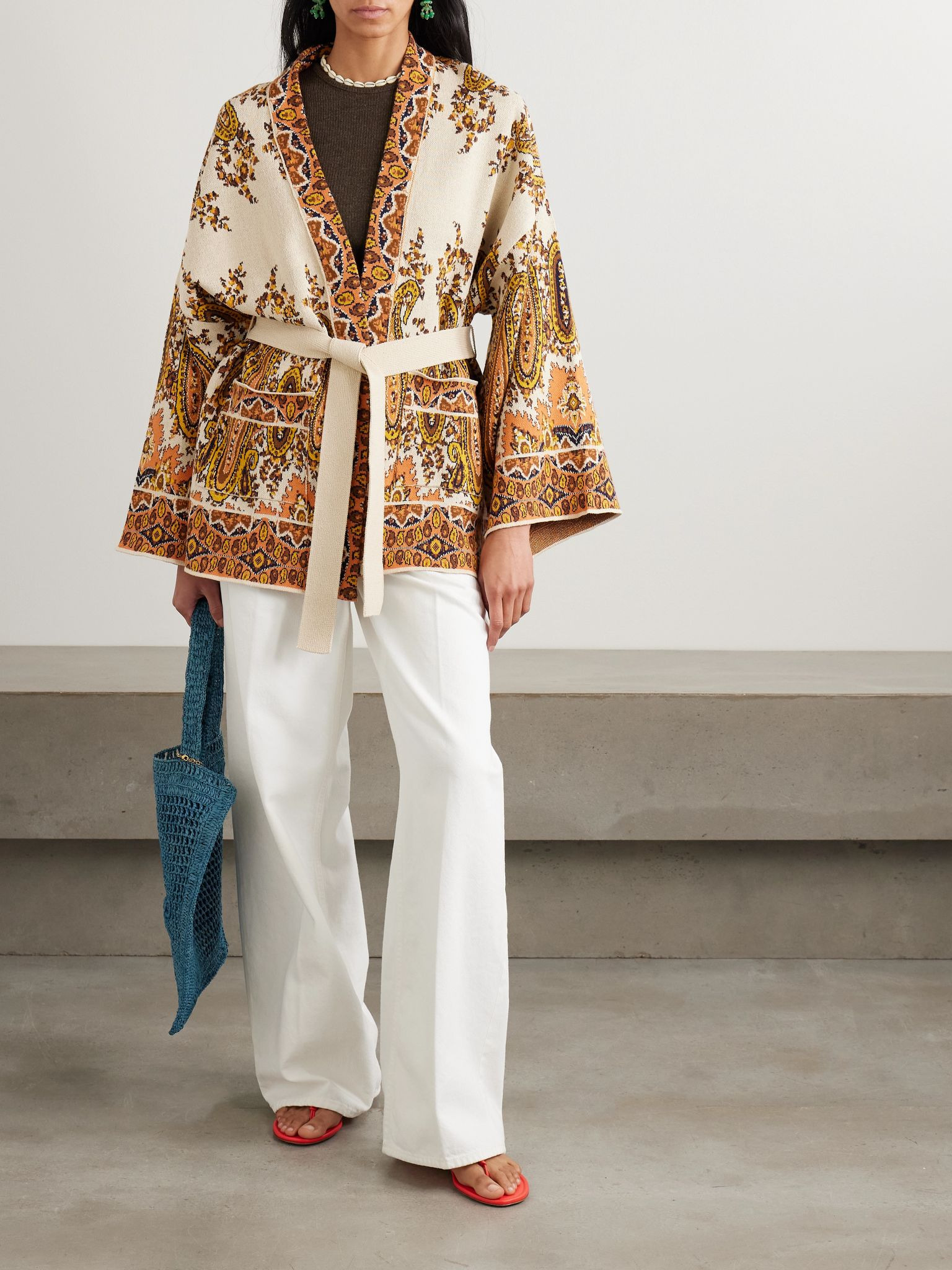 Belted intarsia cotton-blend cardigan Cream - 2