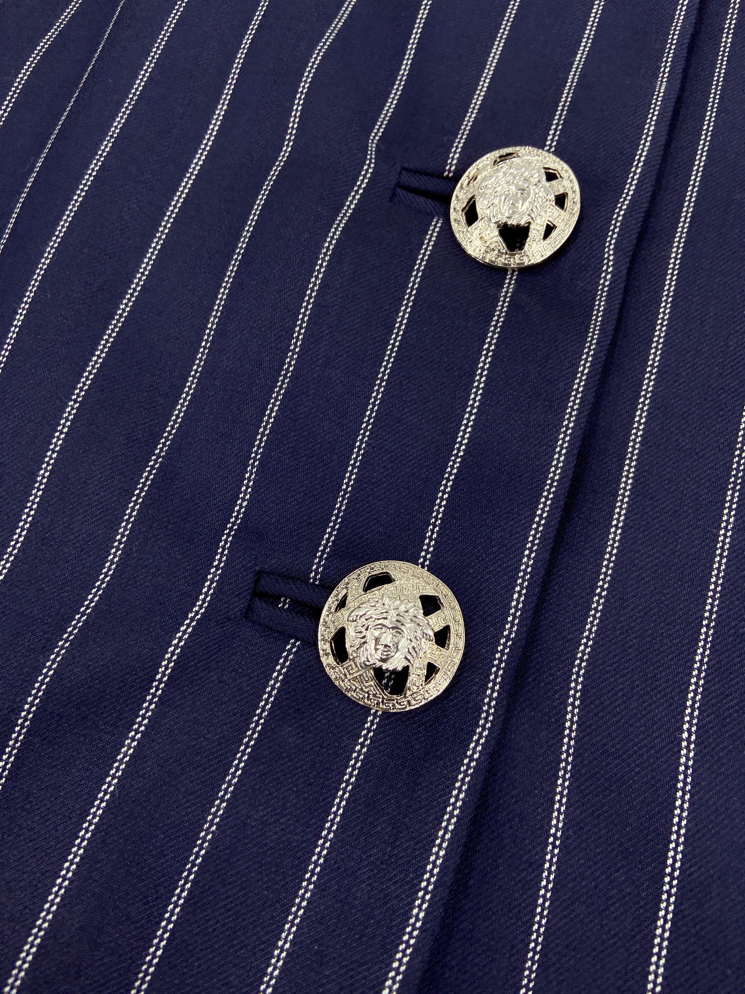 Gianni Versace Spring 1995 Navy Double Pinstriped Wrap Skirt Suit 42 - 16