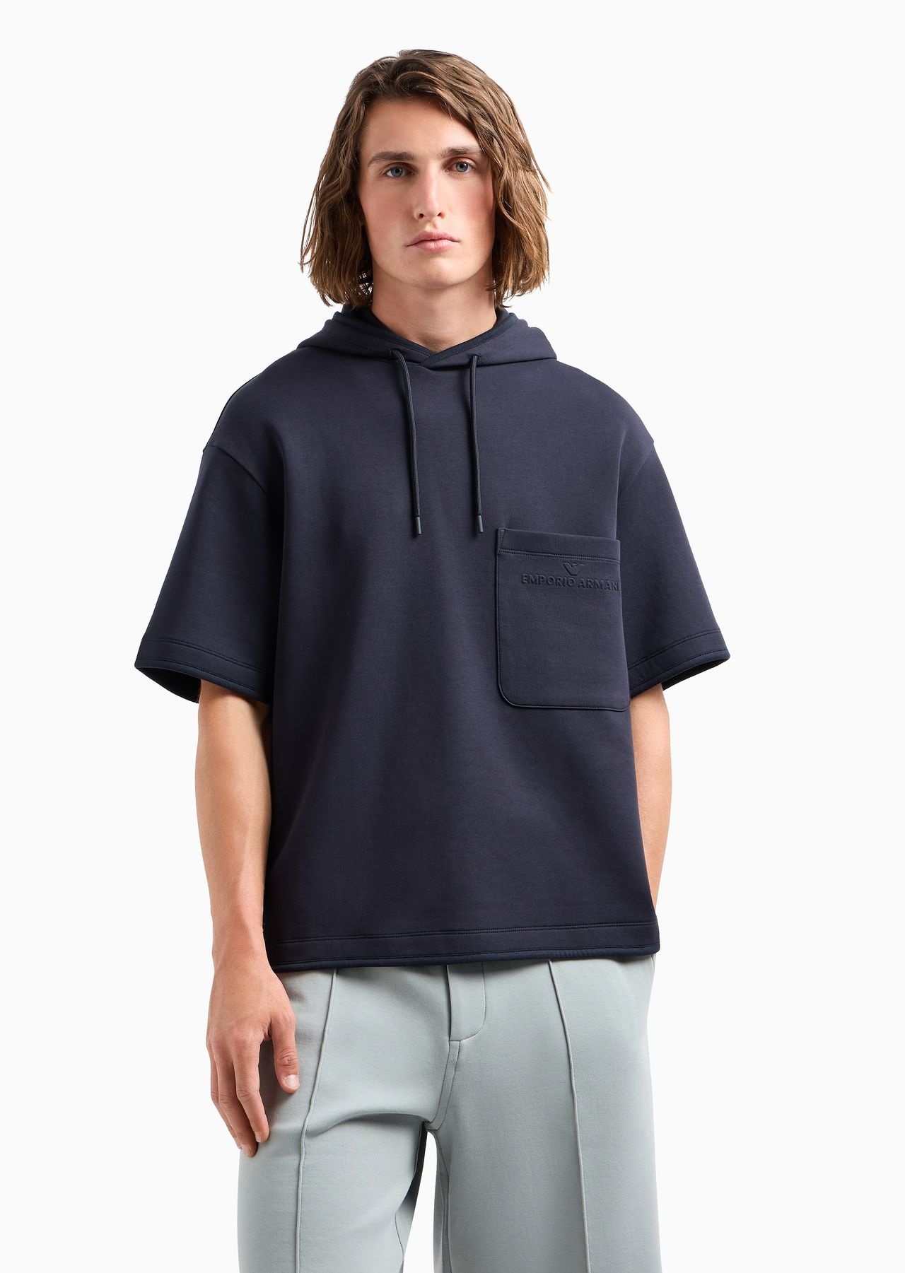 Short-sleeved double-jersey hooded sweatshirt with a patch pocket - 3