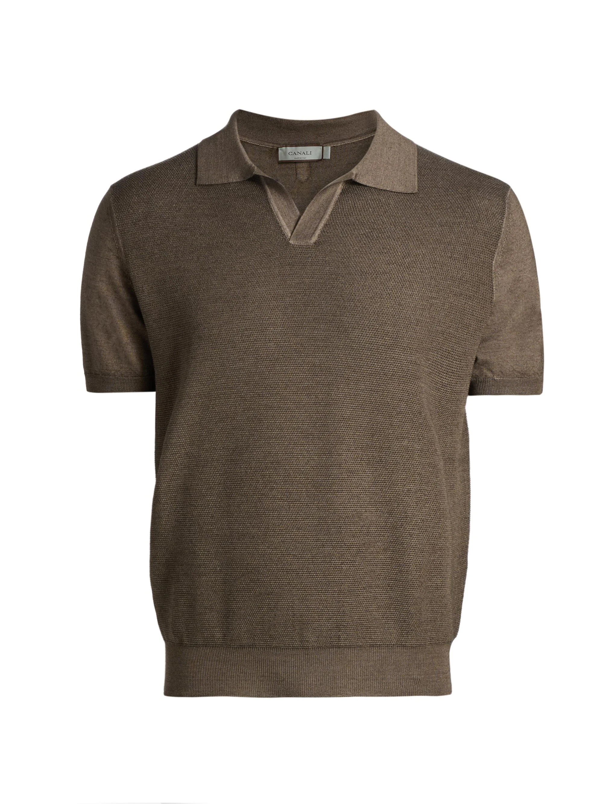 Men's Micro-Stitch Wool-Silk Johnny Collar Polo Shirt - Brown - 1