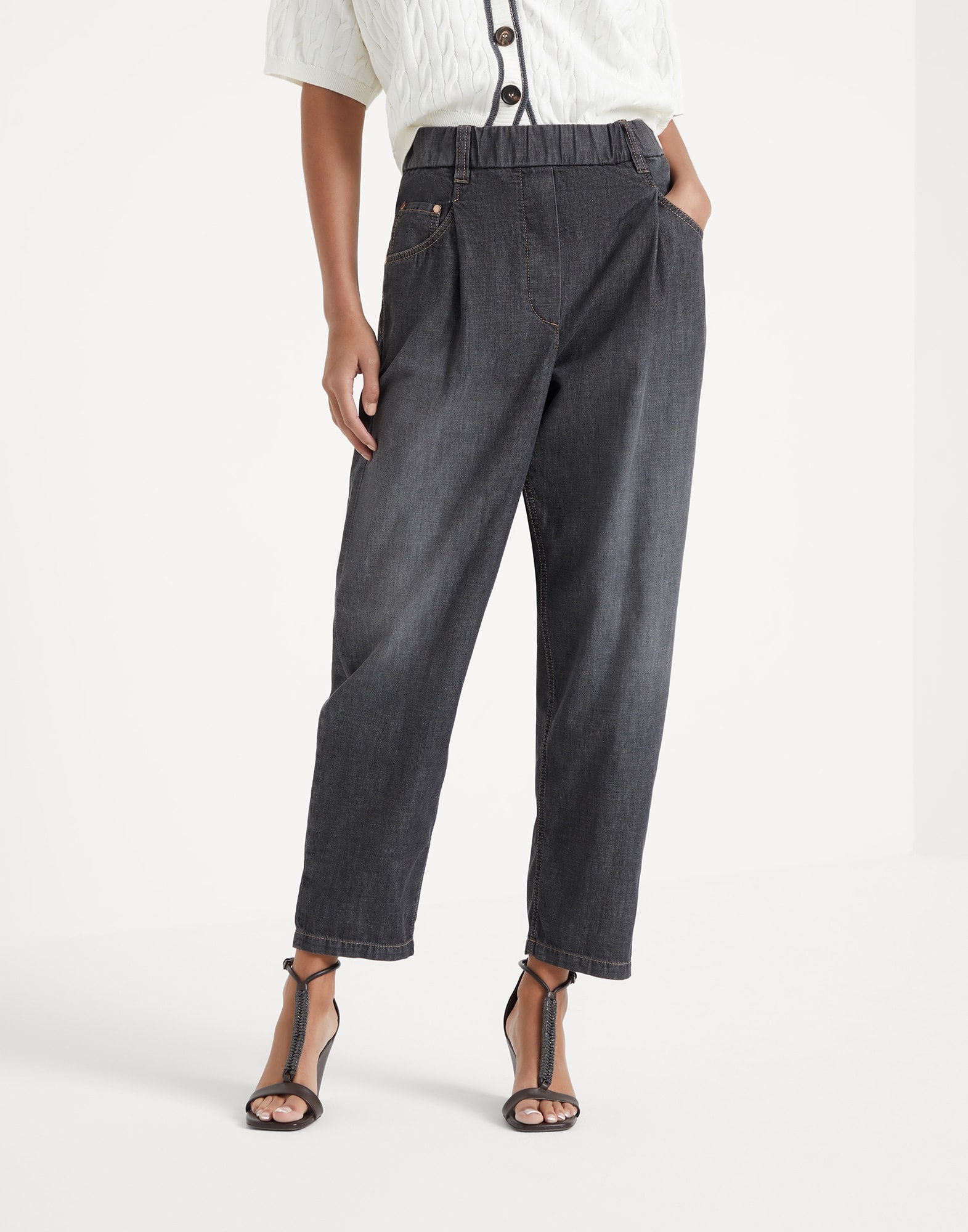 Lightweight denim baggy trousers with shiny tab - 1