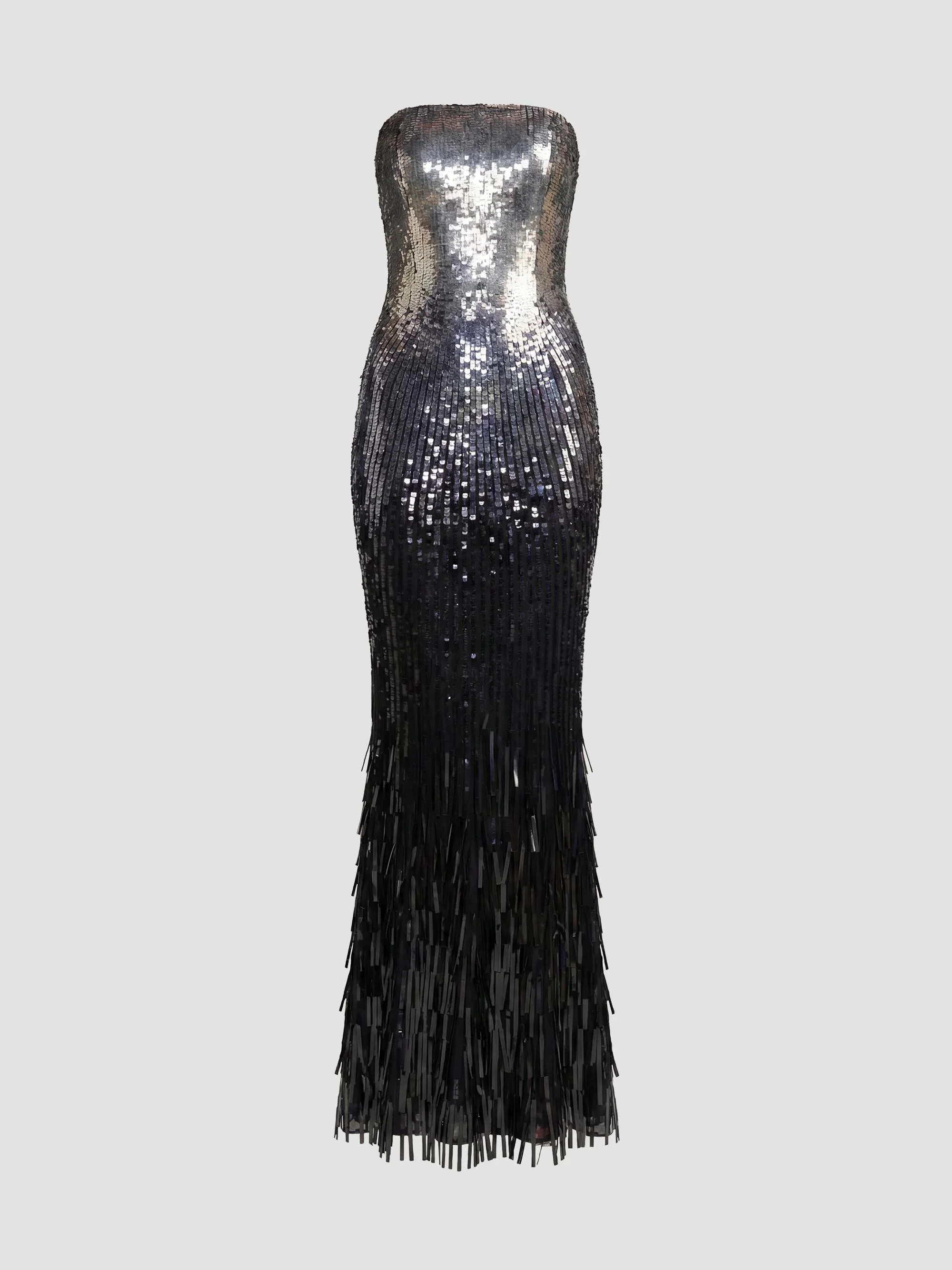 Women's Embellished Mesh Strapless Fringe Gown - Silver Black - 1
