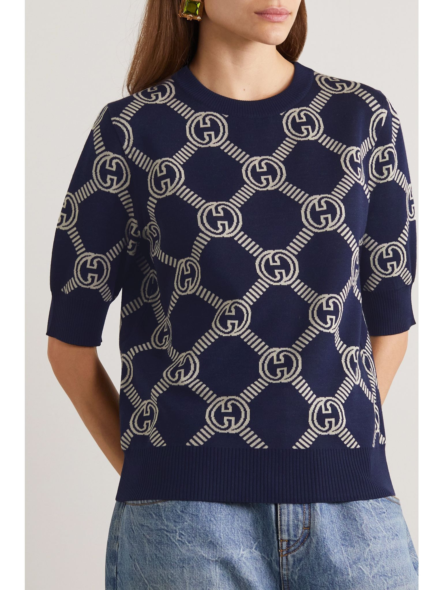 Logo-jacquard stretch wool-blend sweater Blue - 3