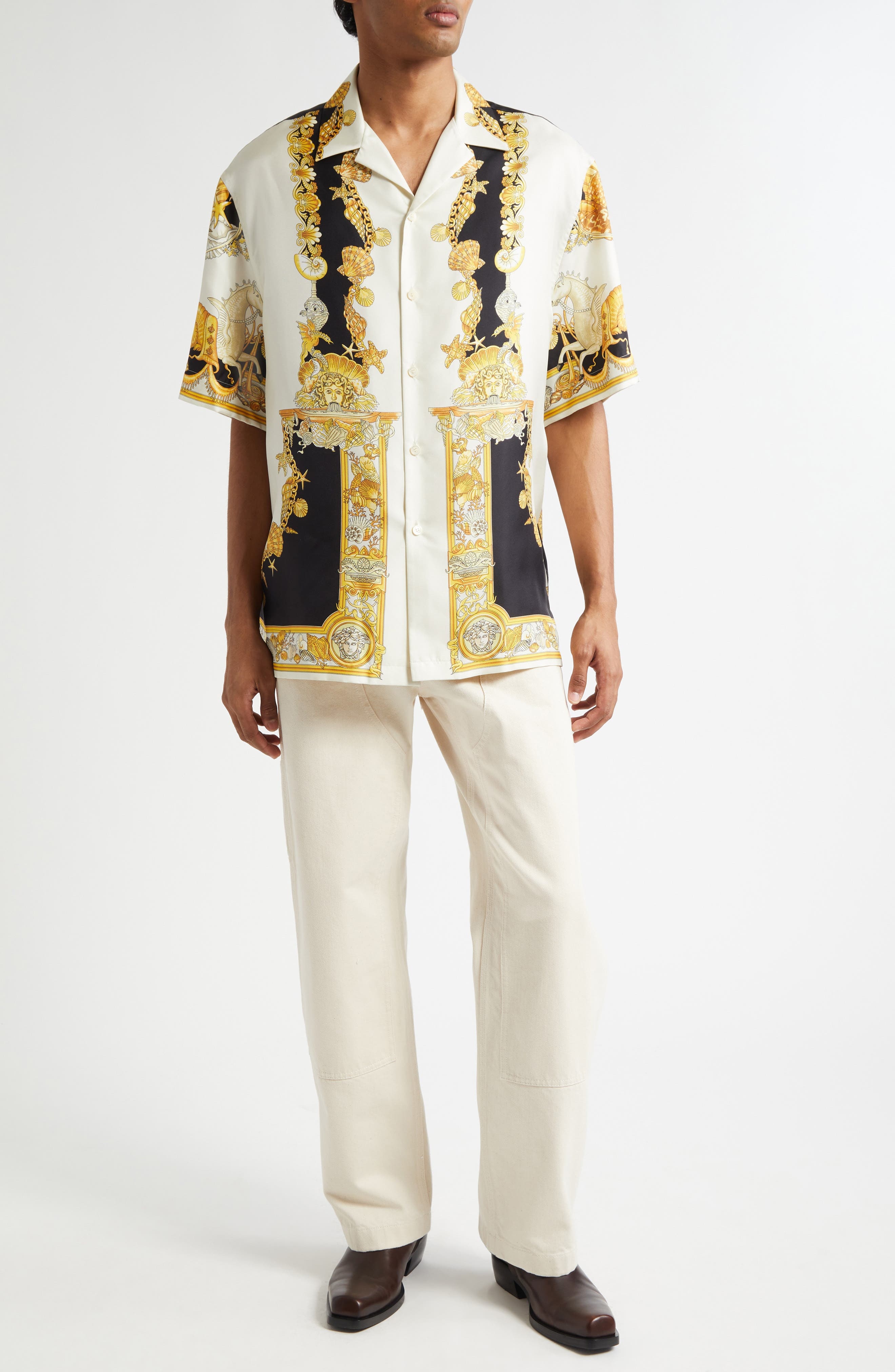 Versace Coral Theater Silk Twill Camp Shirt in Ivory Black Gold at Nordstrom - 2