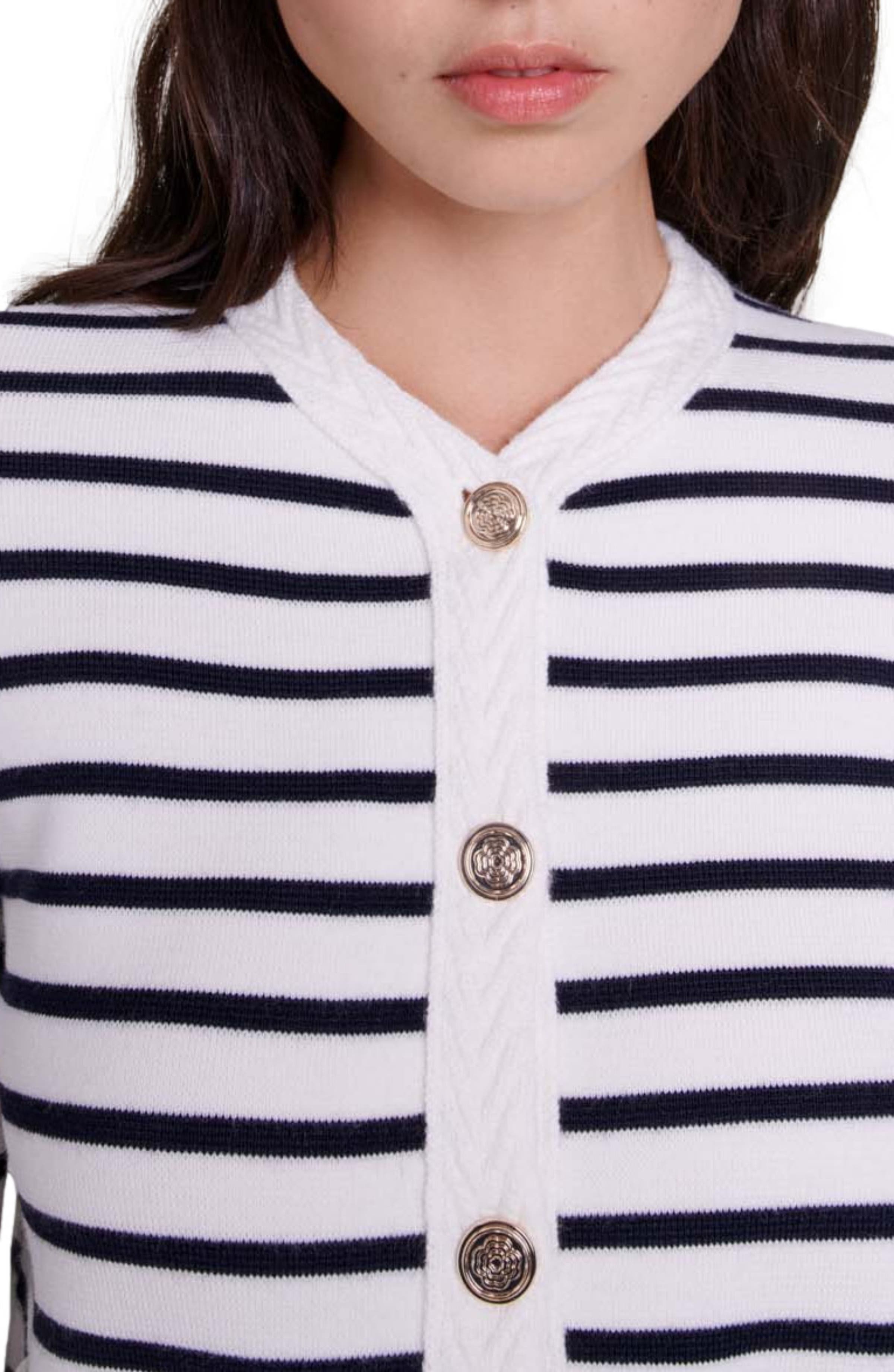 maje Striped knit cardigan in Navy /Ecru at Nordstrom - 6
