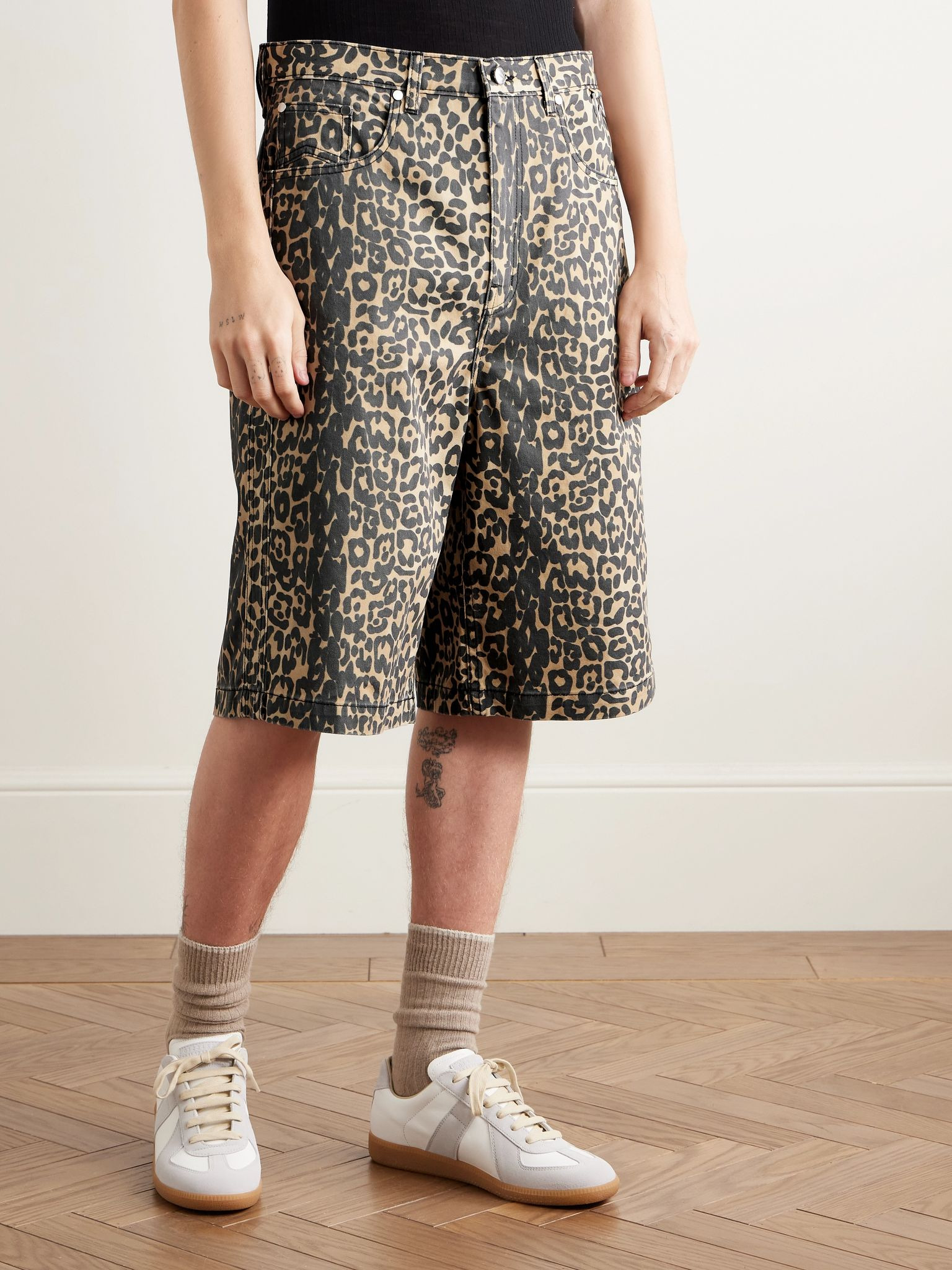 Wide-Leg Leopard-Print Denim Shorts Black - 3