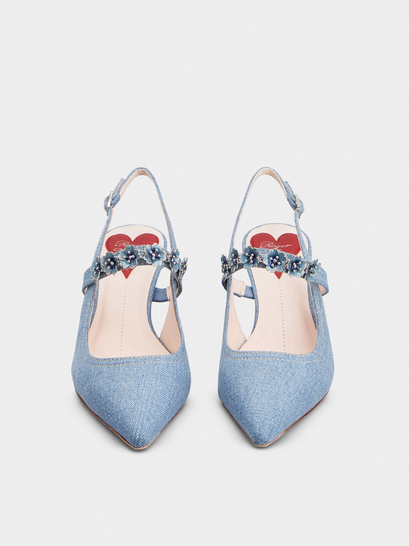 Virgule Flower Slingback Pumps in Denim 7