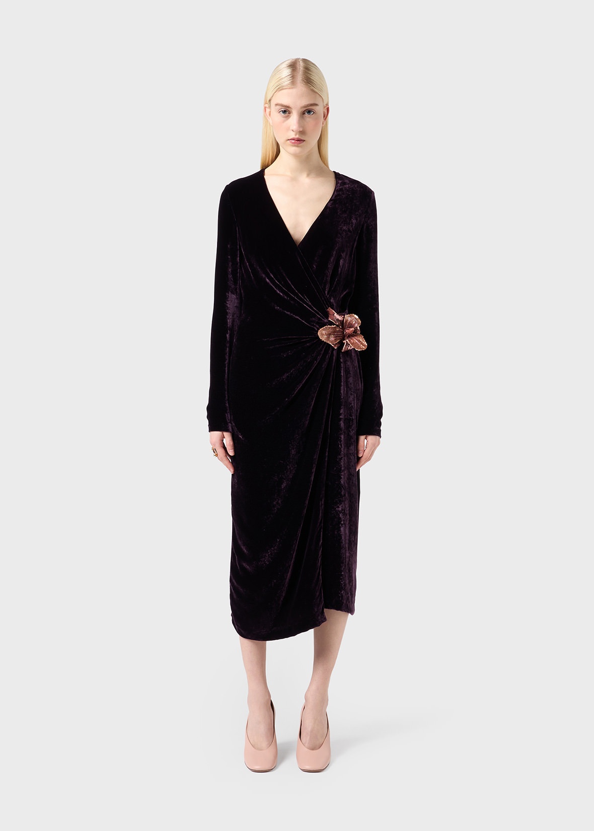 MIDI DRESS IN HAMMERED VELVET WITH FLOWER - 3