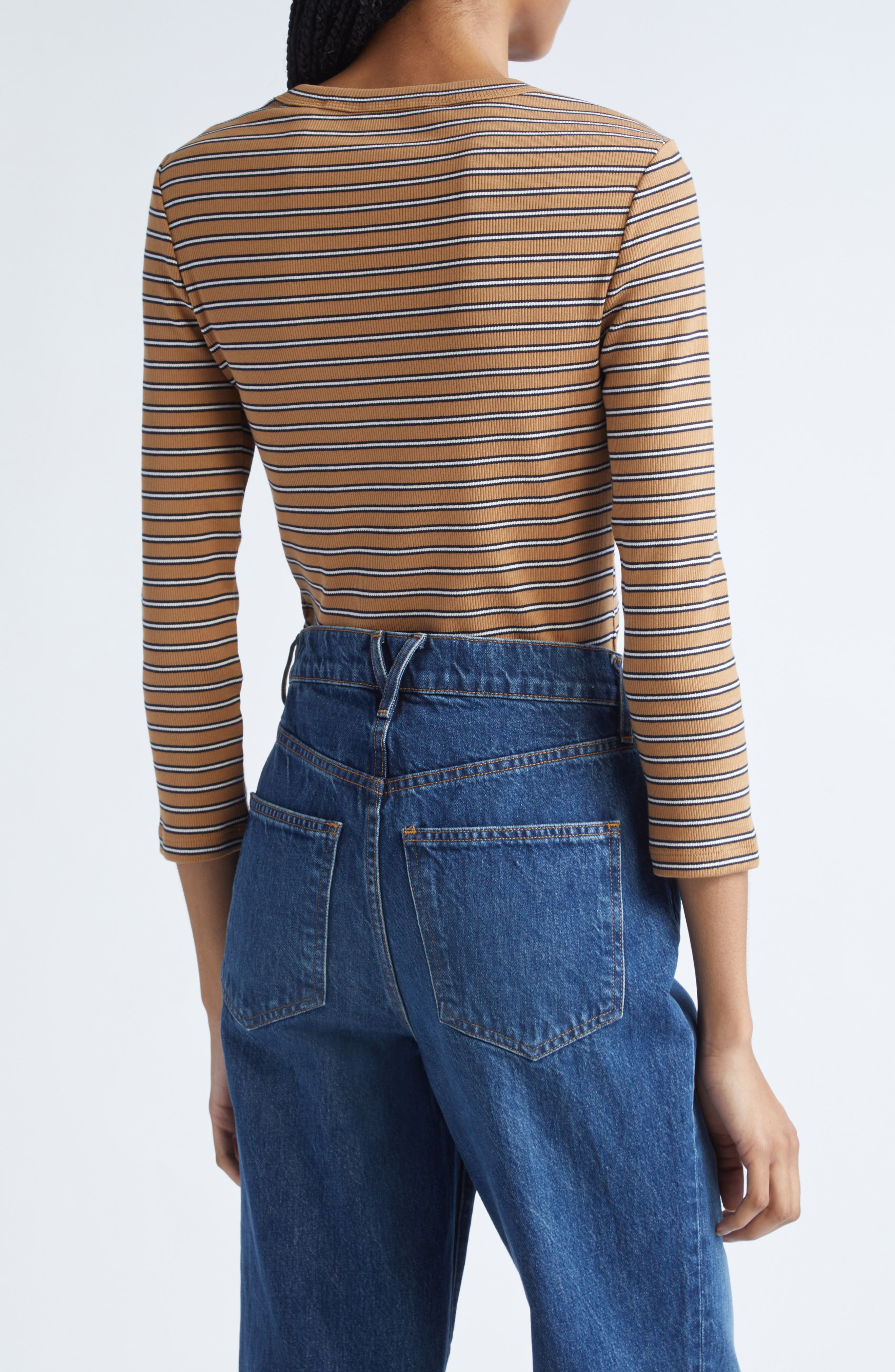 Veronica Beard Pruitt Stripe Three Quarter Sleeve Cotton T-Shirt in Brown Multi at Nordstrom - 3