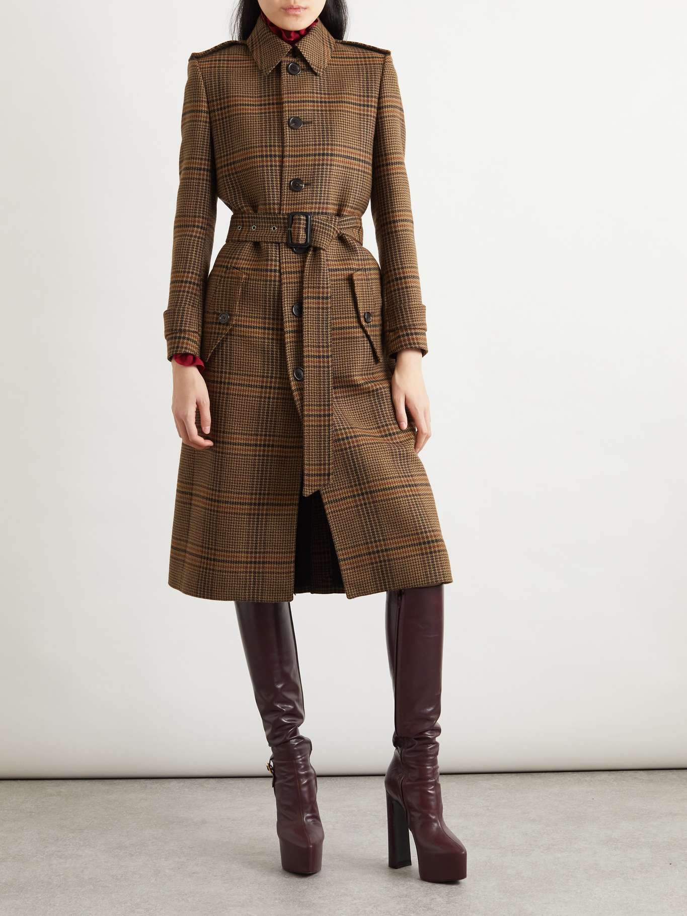 Belted checked wool trench coat Brown - 2