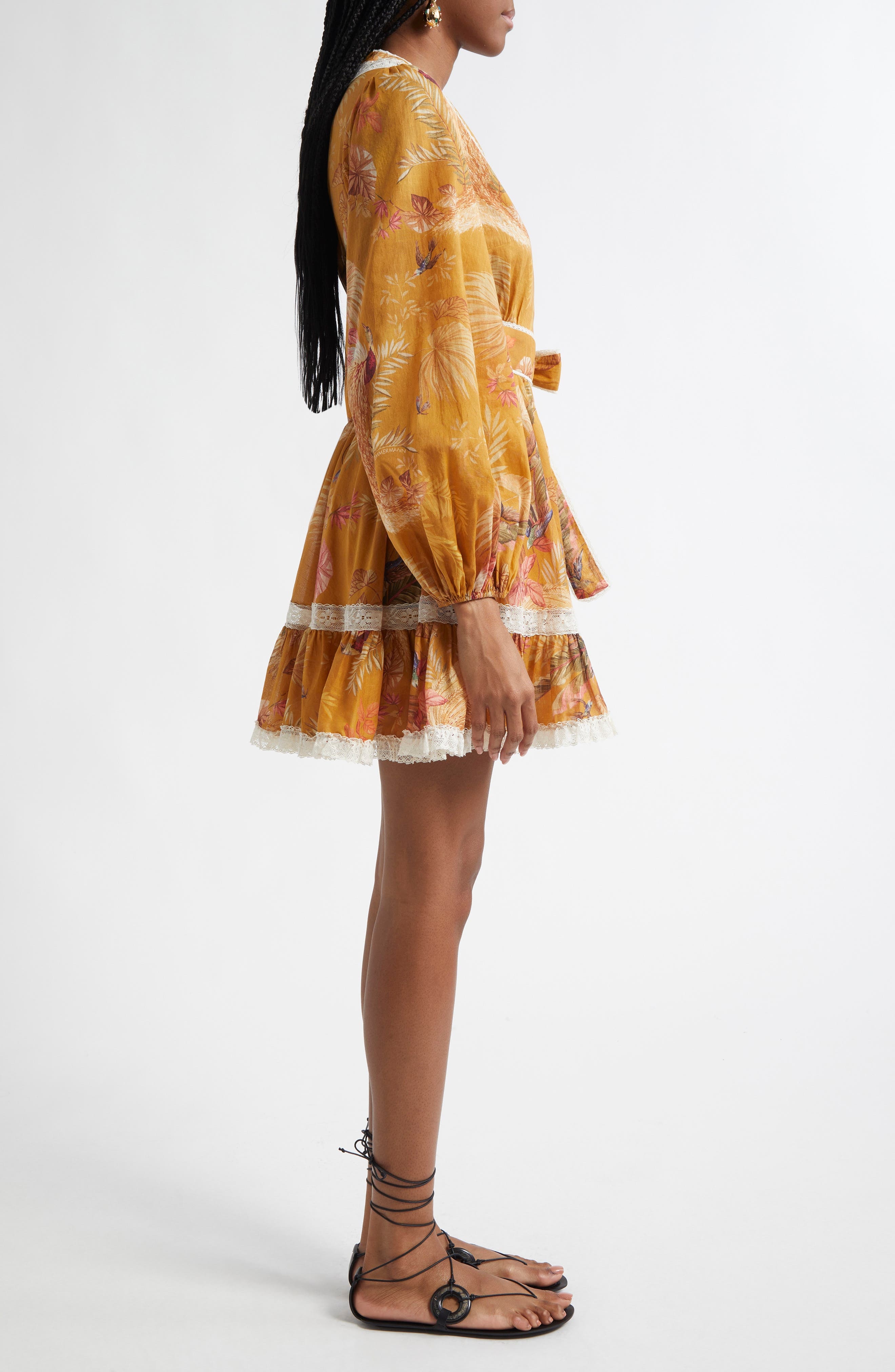 Zimmermann Ascension Lace Trim Long Sleeve Wrap Dress in Mustard Palm Floral at Nordstrom - 3