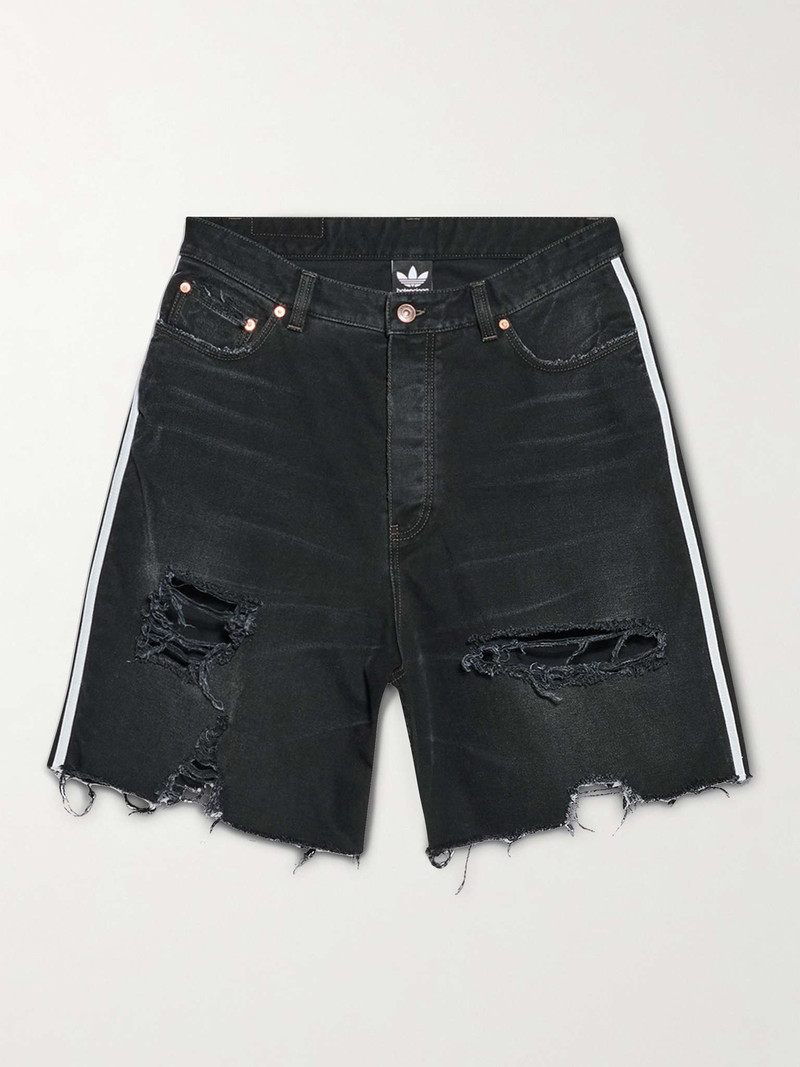 + adidas Wide-Leg Distressed Striped Denim Shorts - 1