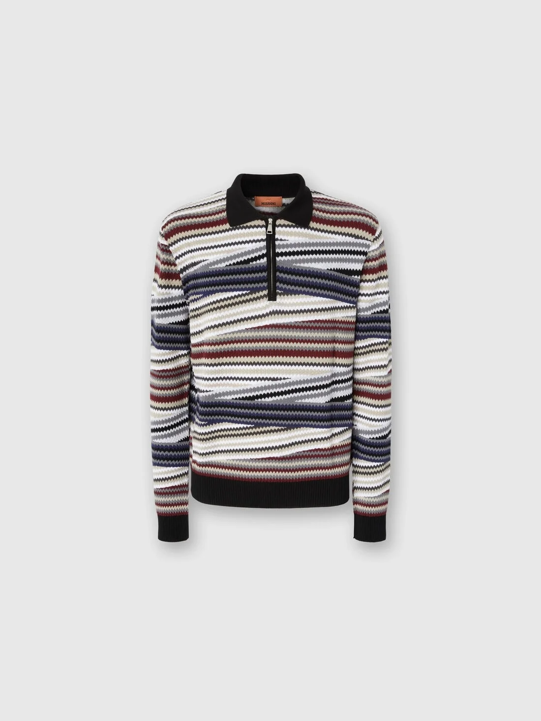 Long Sleeve Polo with Zip and Striped Zigzag Pattern - 1