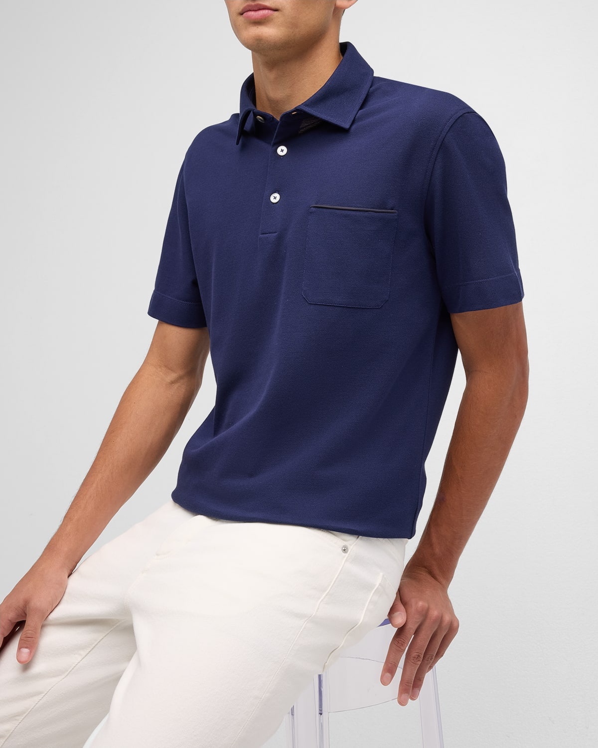 Men's Cotton Polo Shirt with Leather-Trim Pocket - 5