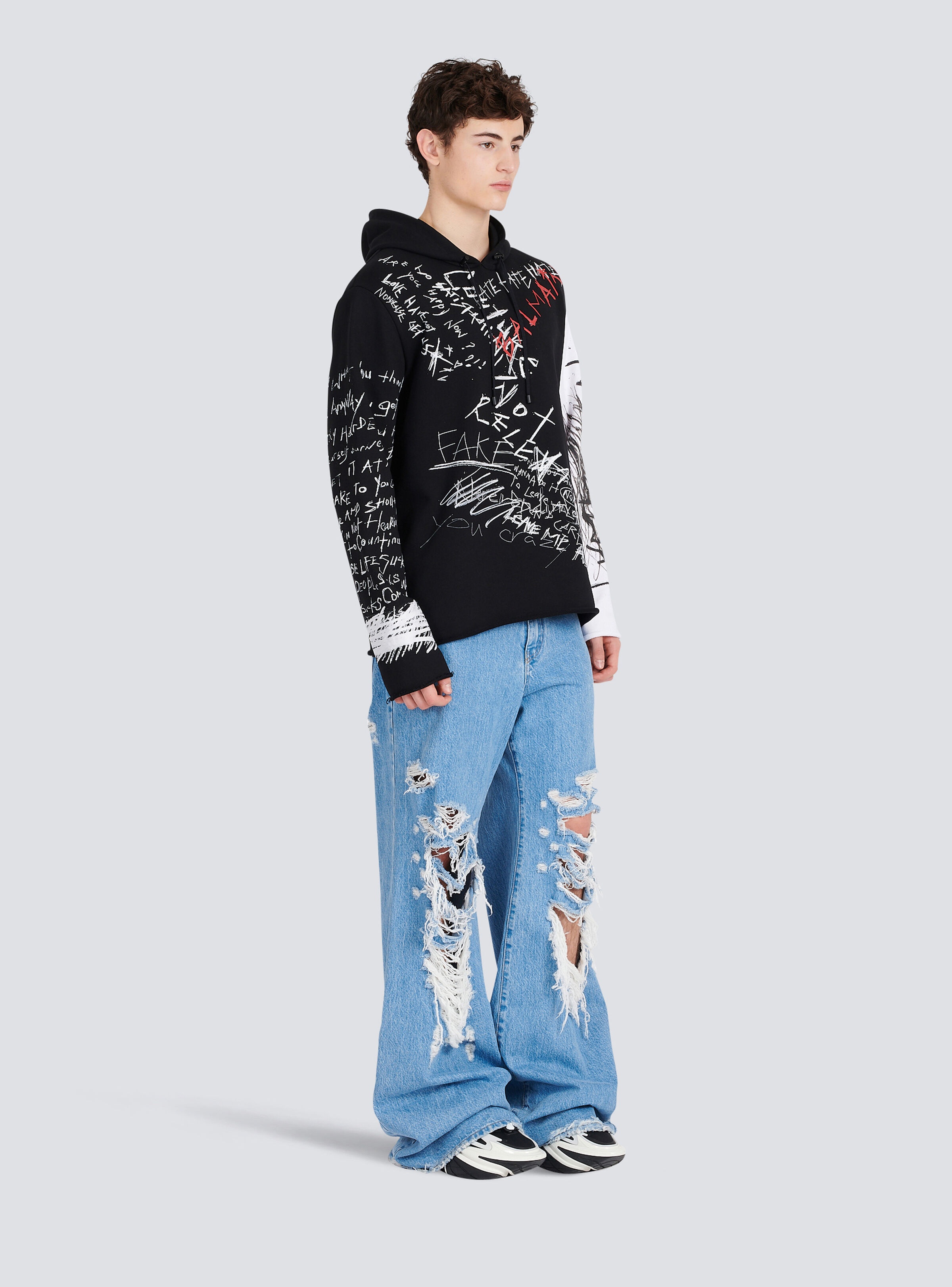 Hooded cotton sweatshirt with graffiti Balmain logo print - 5