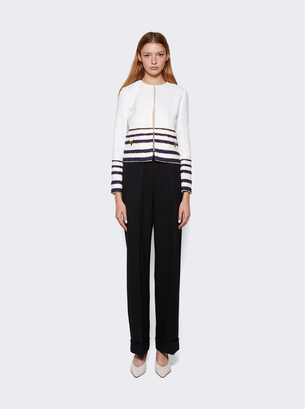 Embellished Striped Bouclé Jacket White and Navy - 2