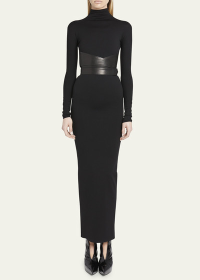 Alaïa Turtleneck Maxi Dress with Wrap Leather Belt outlook