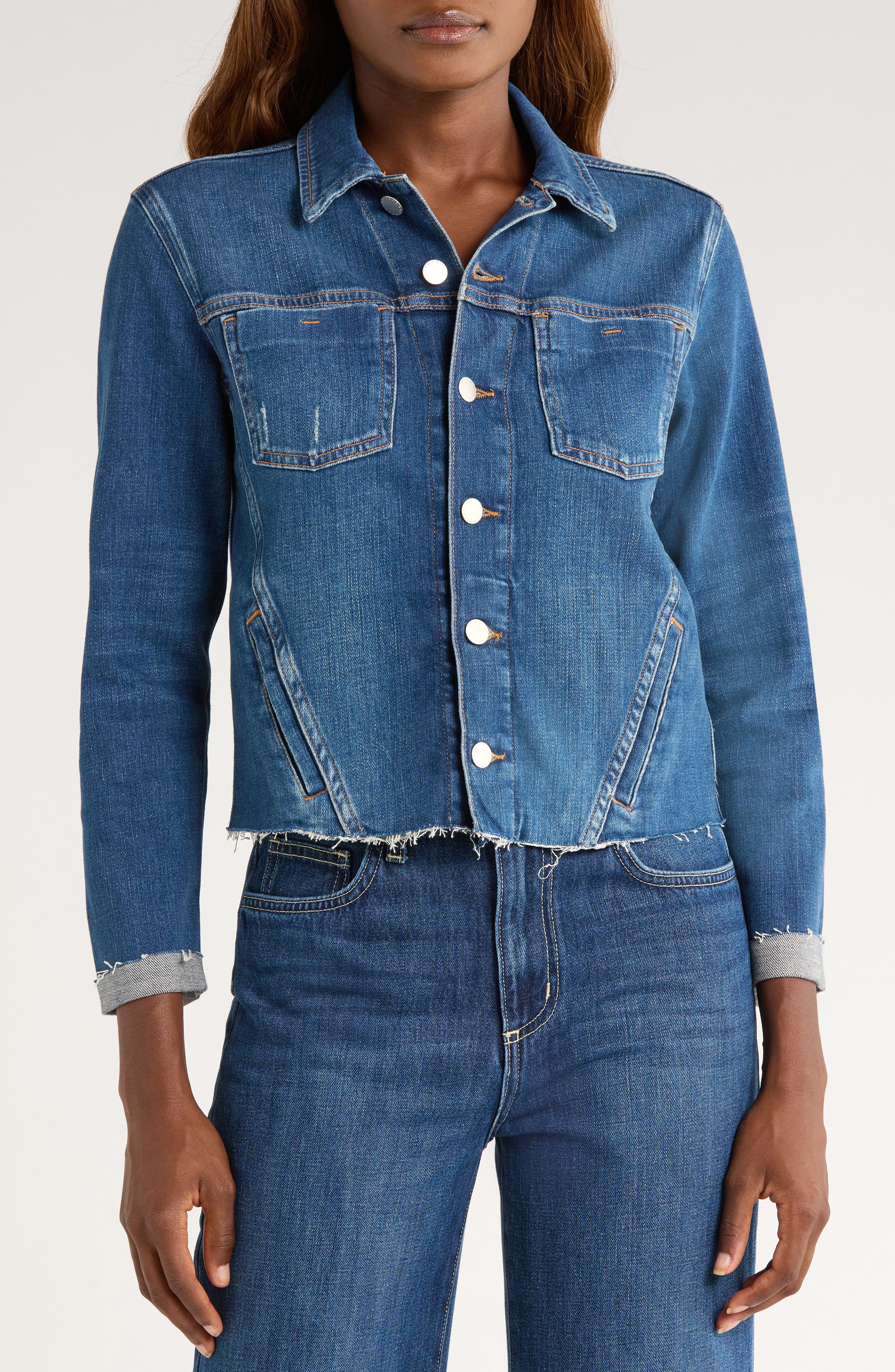 L'AGENCE Janelle Slim Fit Raw Hem Denim Trucker Jacket in Authentique at Nordstrom - 4
