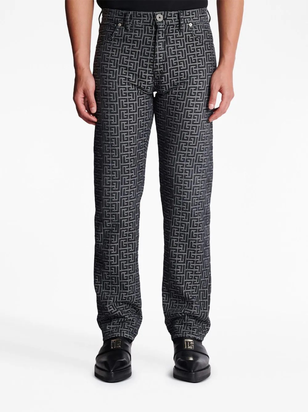 【Balmain】JACQUARD MONOGRAM STRAIGHT DENIM PANTS◆BH1MI040D Balmain monogram-jacquard straight-leg Jeans | Blue | FARFETCH