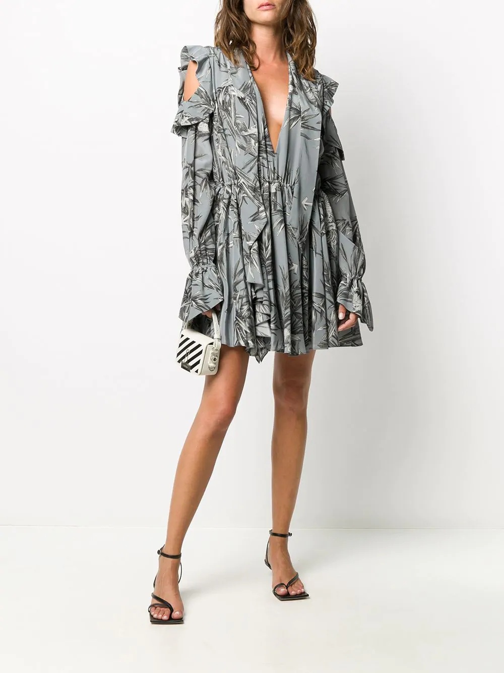 bird print V-neck pleated dress - 2