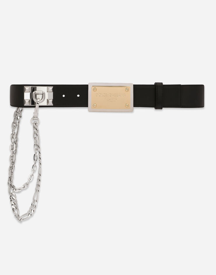 Calfskin belt with chain and branded tag - 5