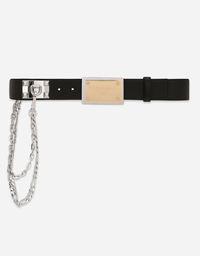 Calfskin belt with chain and branded tag 5