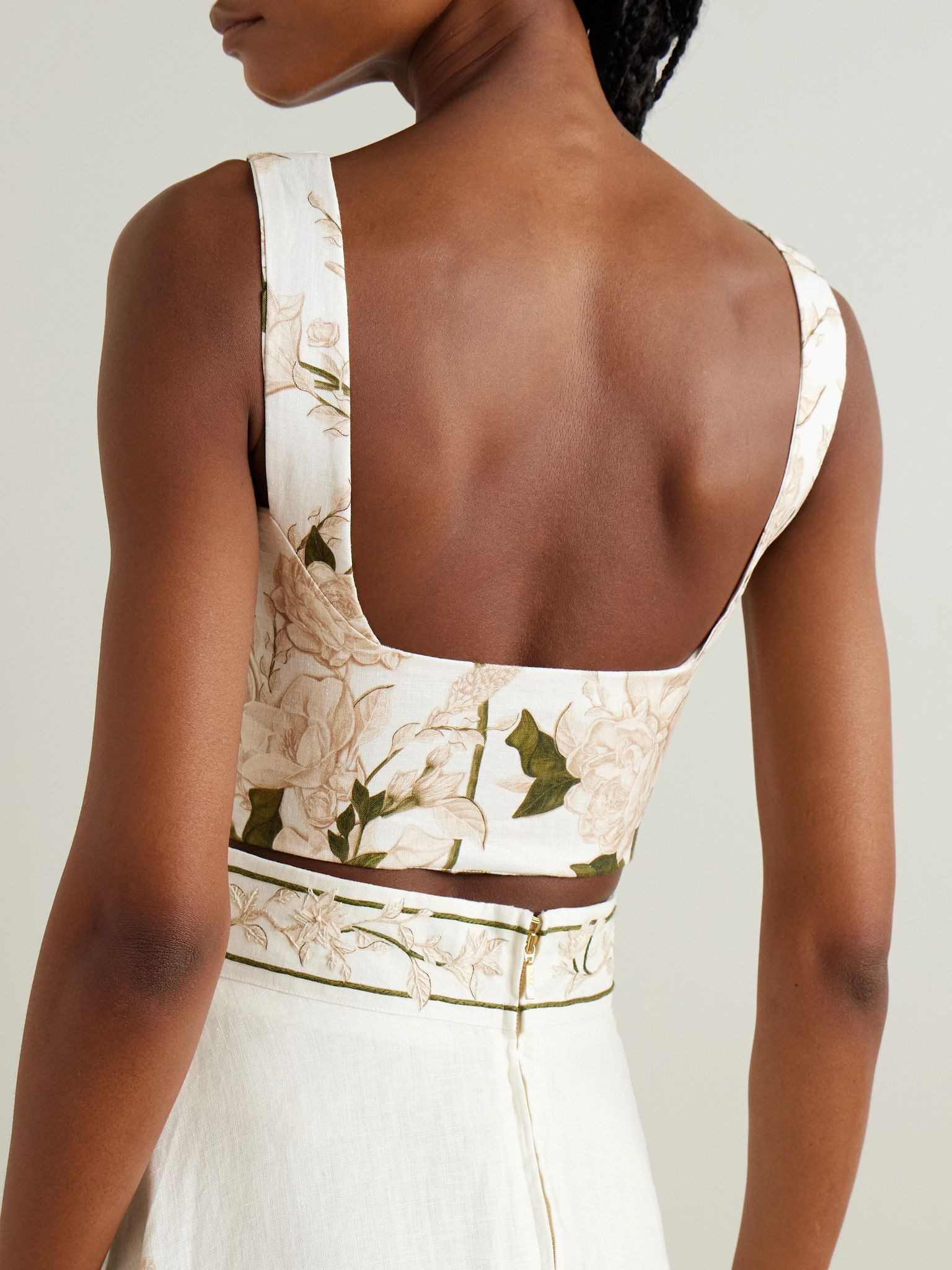 Reserva cropped lace-up floral-print linen bustier top Multi - 3