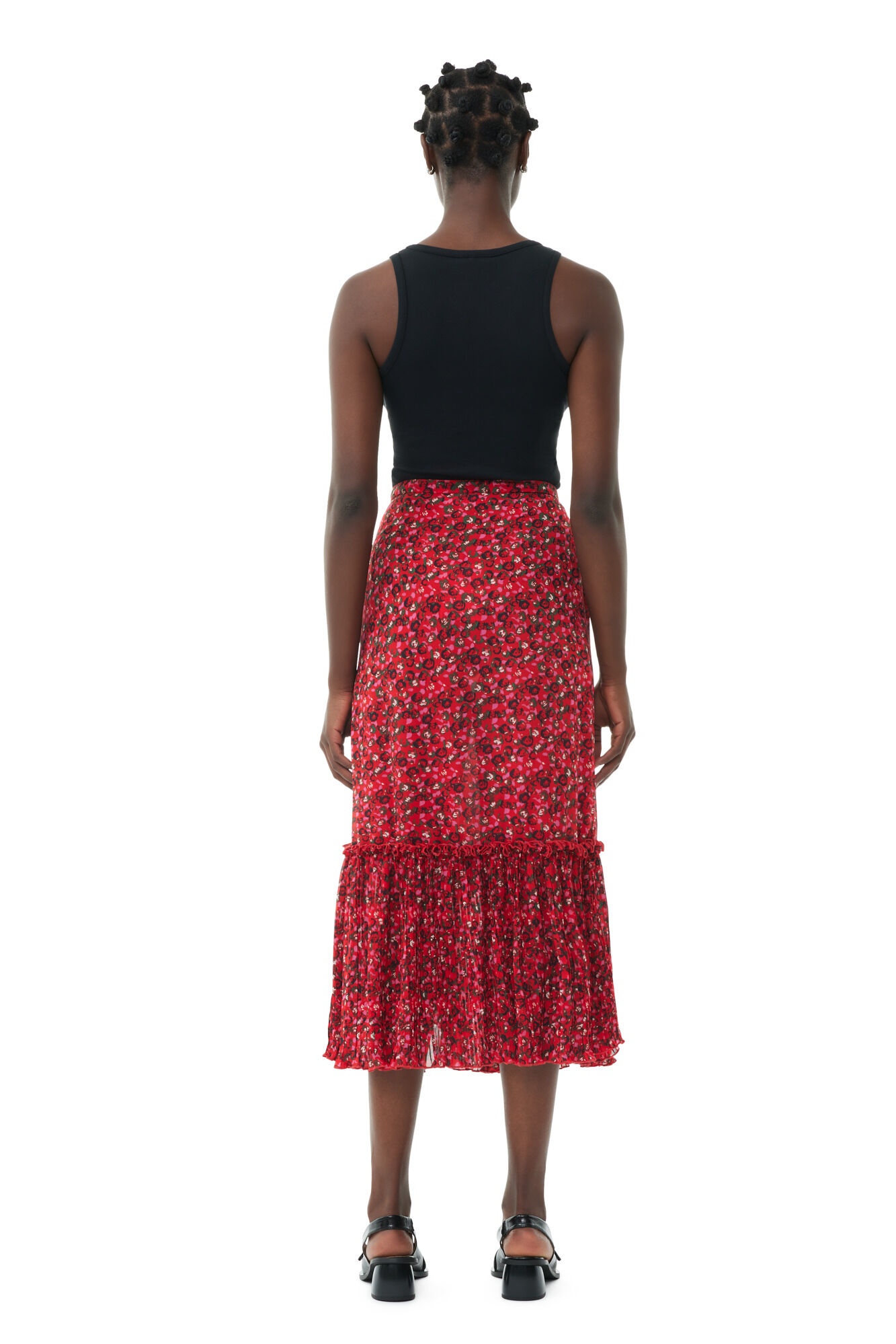 RED PLEATED GEORGETTE FLOUNCE MIDI SKIRT - 5