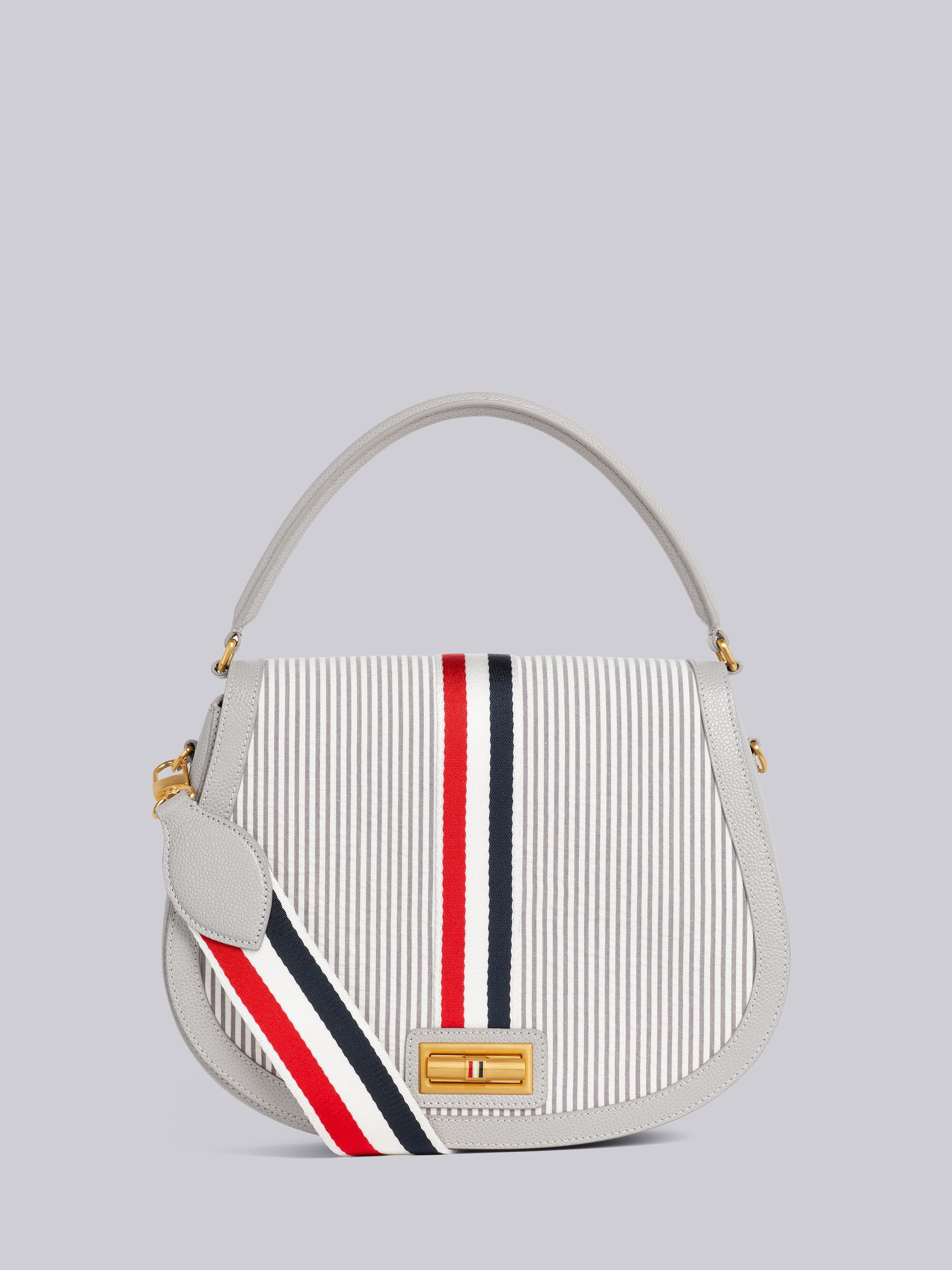 Medium Grey Stripe Seersucker Webbing Strap Enamel Lock Large Saddle Shoulder Bag - 1